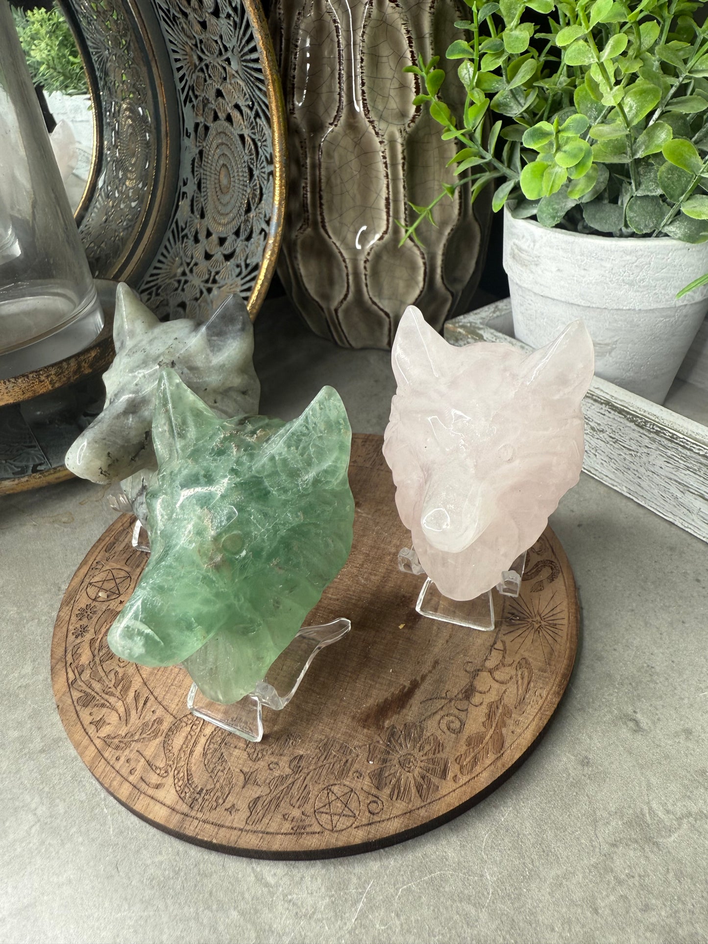 Wolf Head Crystal Carvings with Stand