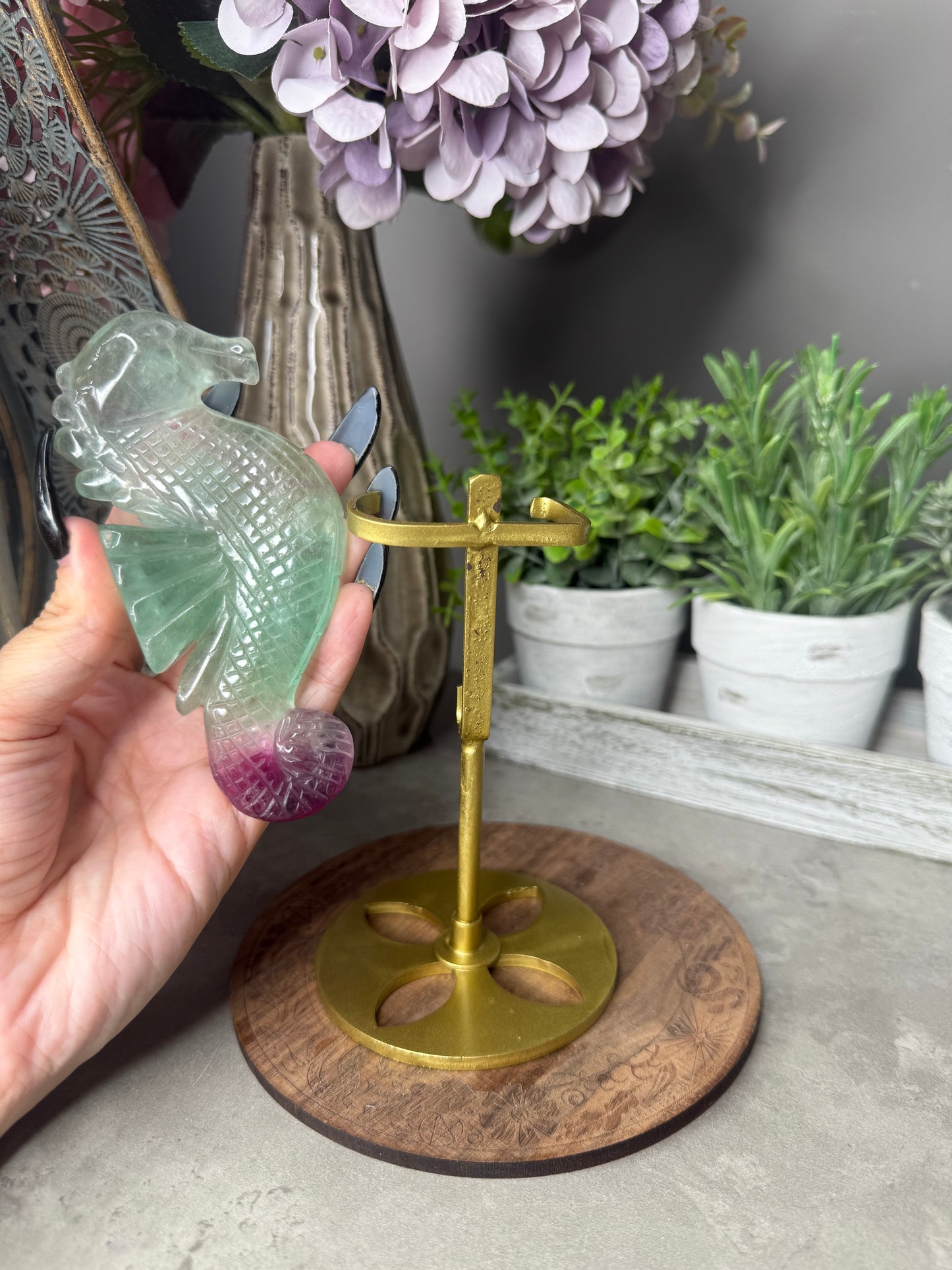 Rainbow Fluorite Seahorse with Gold Stand