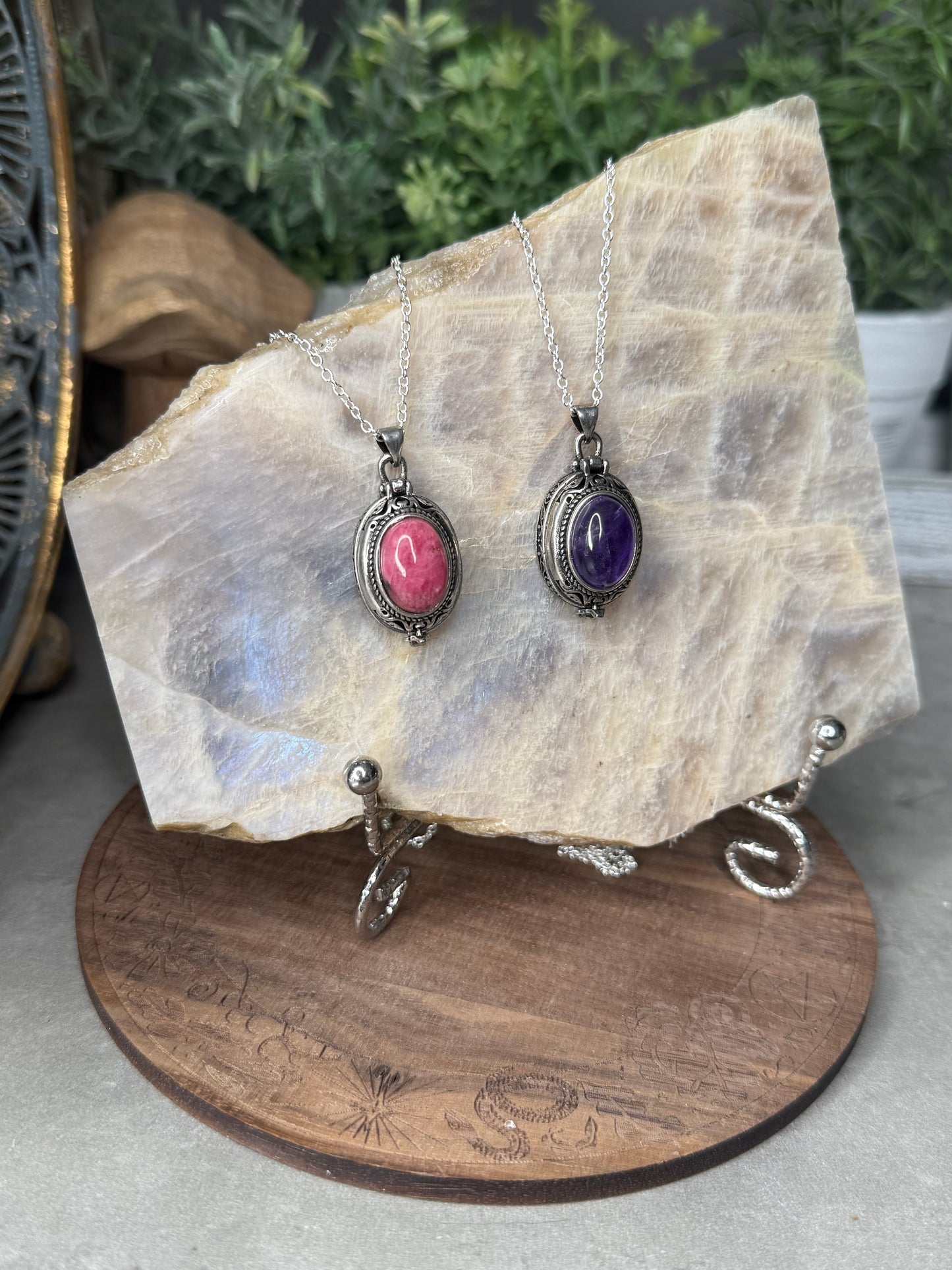 Rhodonite and Amethyst Crystal Locket Pendants