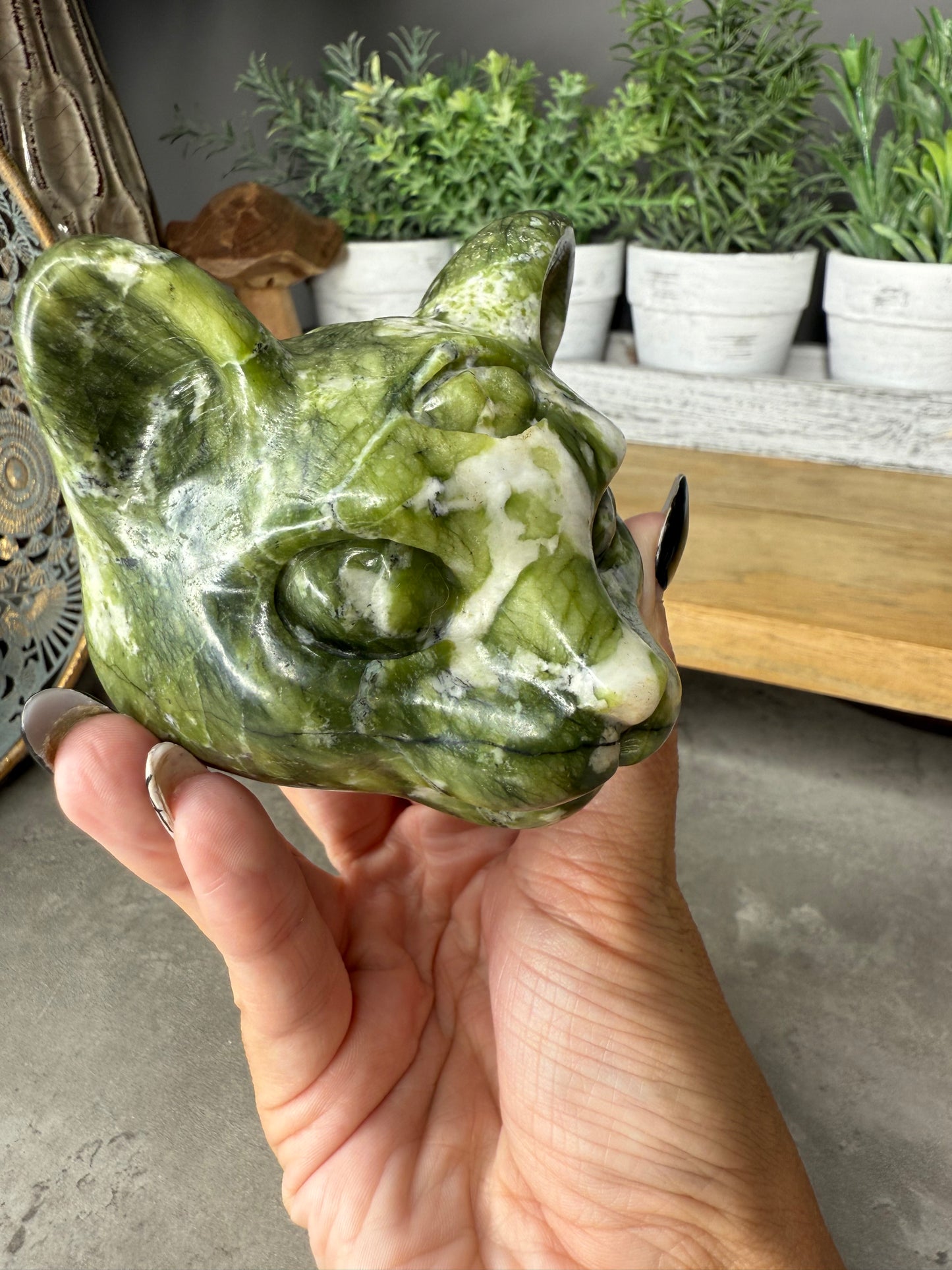 Green Jade Crystal Cat Carvings - Large