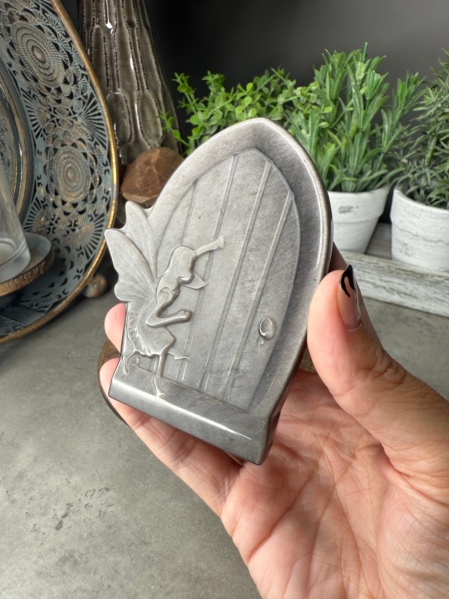 Silver Sheen Obsidian Fairy Door Crystal Carving - 59g