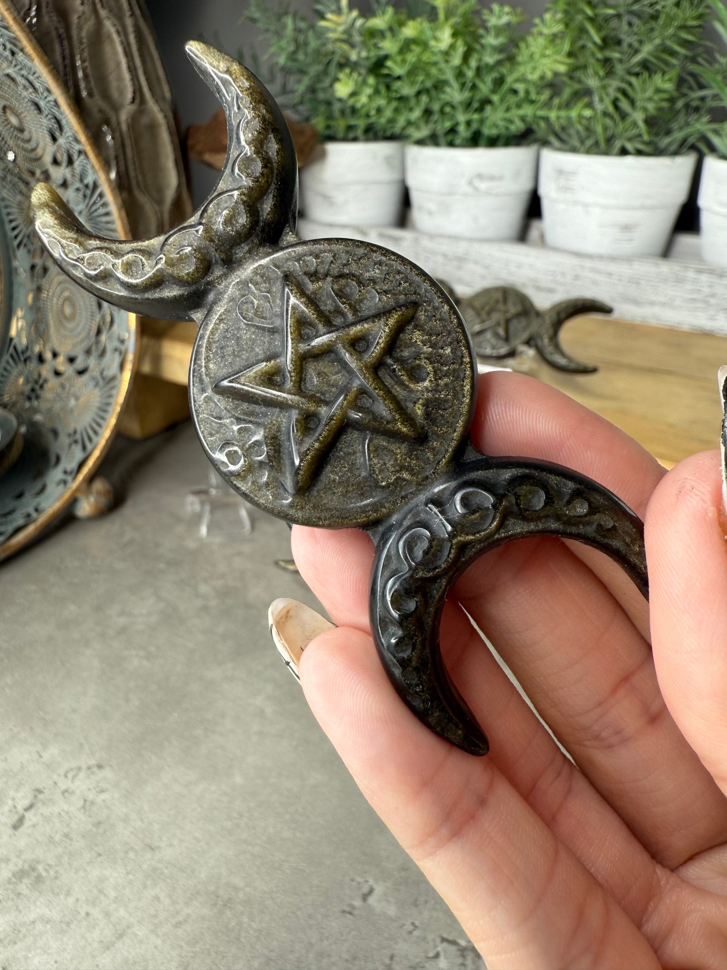 Gold Sheen Obsidian Triple Moon Crystal Carving Hecate witchcraft