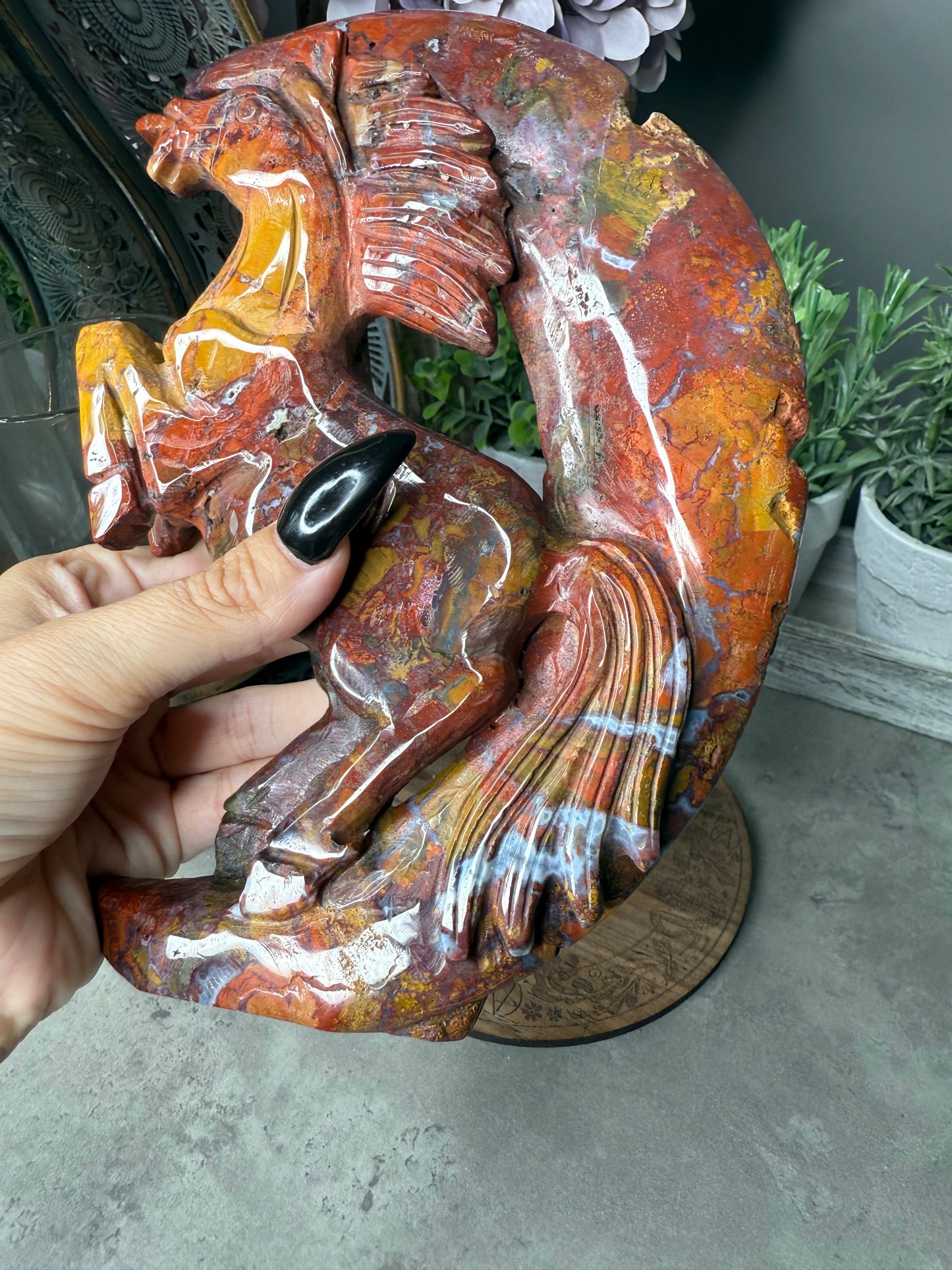 Ocean Jasper Rearing Horse & Moon Carving