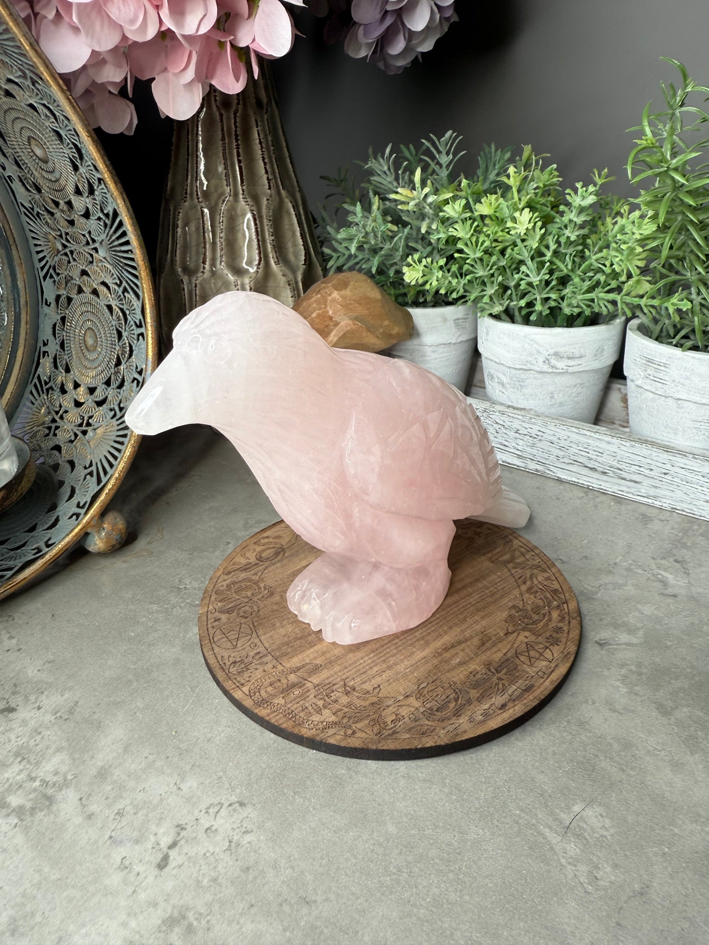 Rose Quartz Crow Crystal Carving
