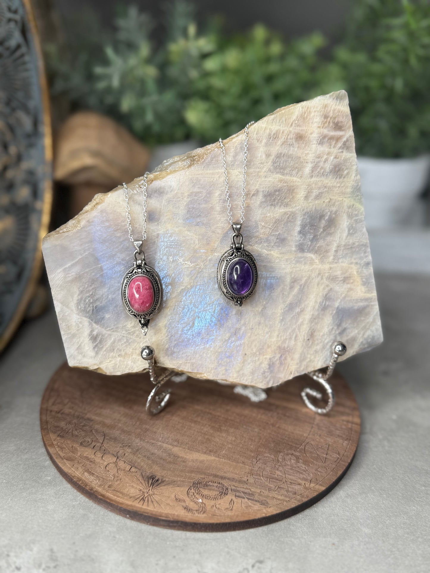Rhodonite and Amethyst Crystal Locket Pendants