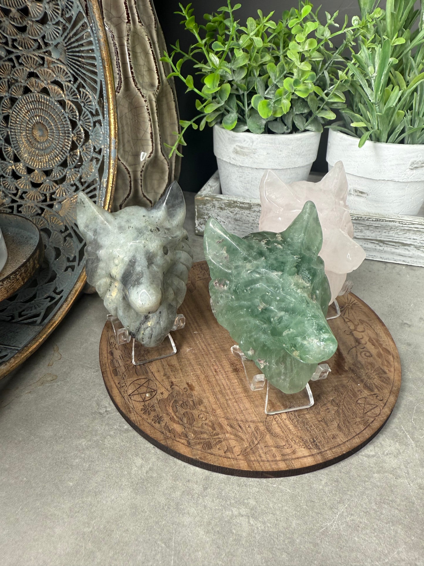 Wolf Head Crystal Carvings with Stand