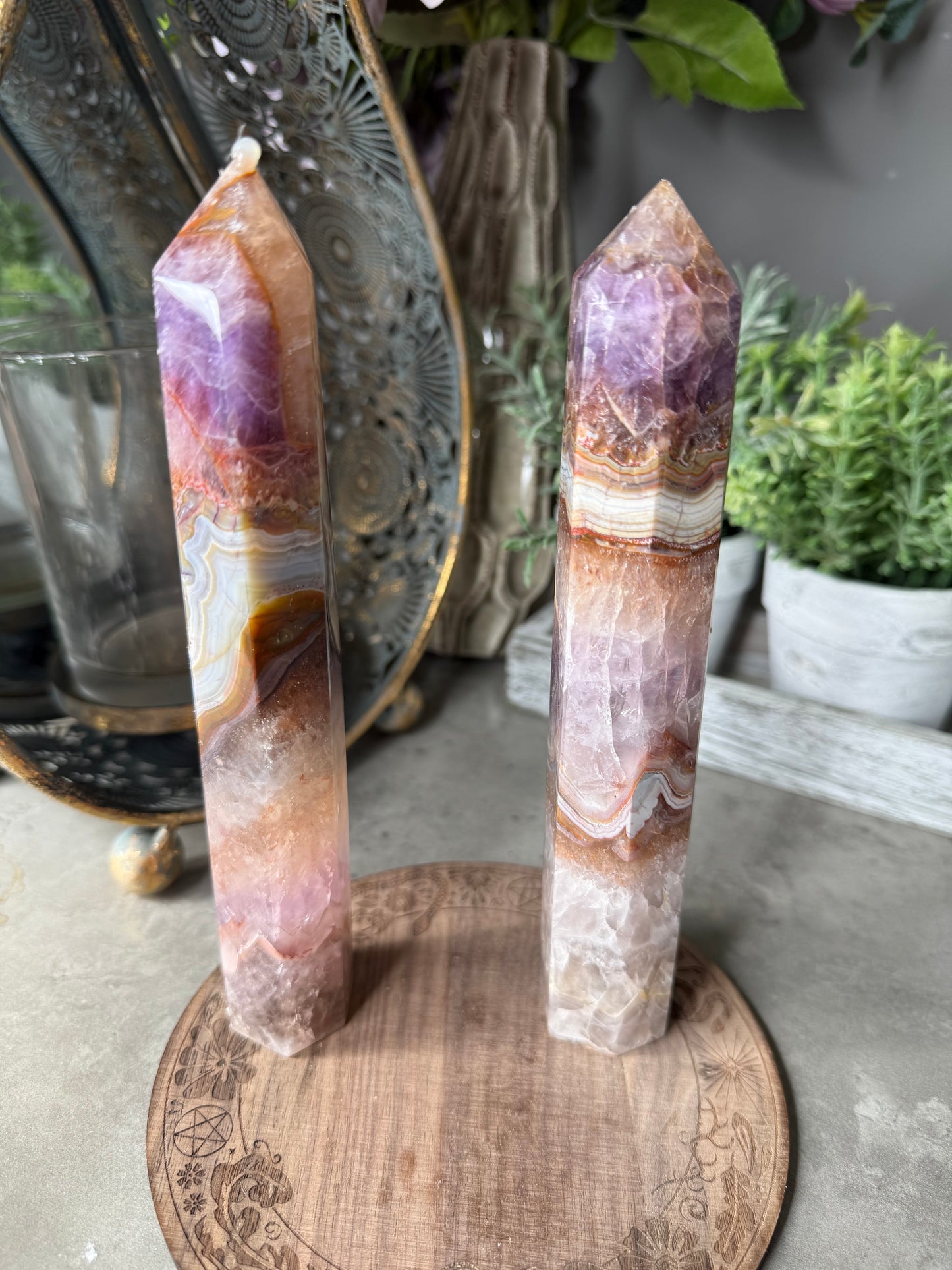 Large Amethyst Crazy Lace Agate Towers (chipped tip)