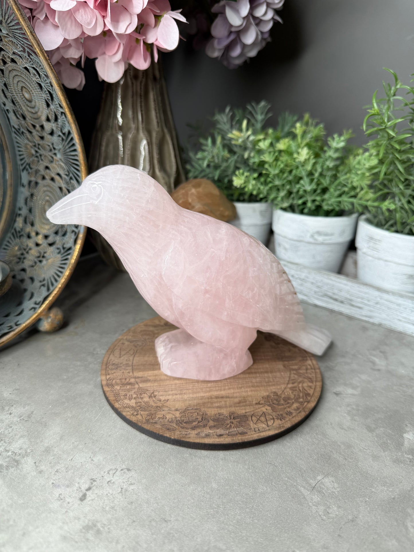 Rose Quartz Crow Crystal Carving