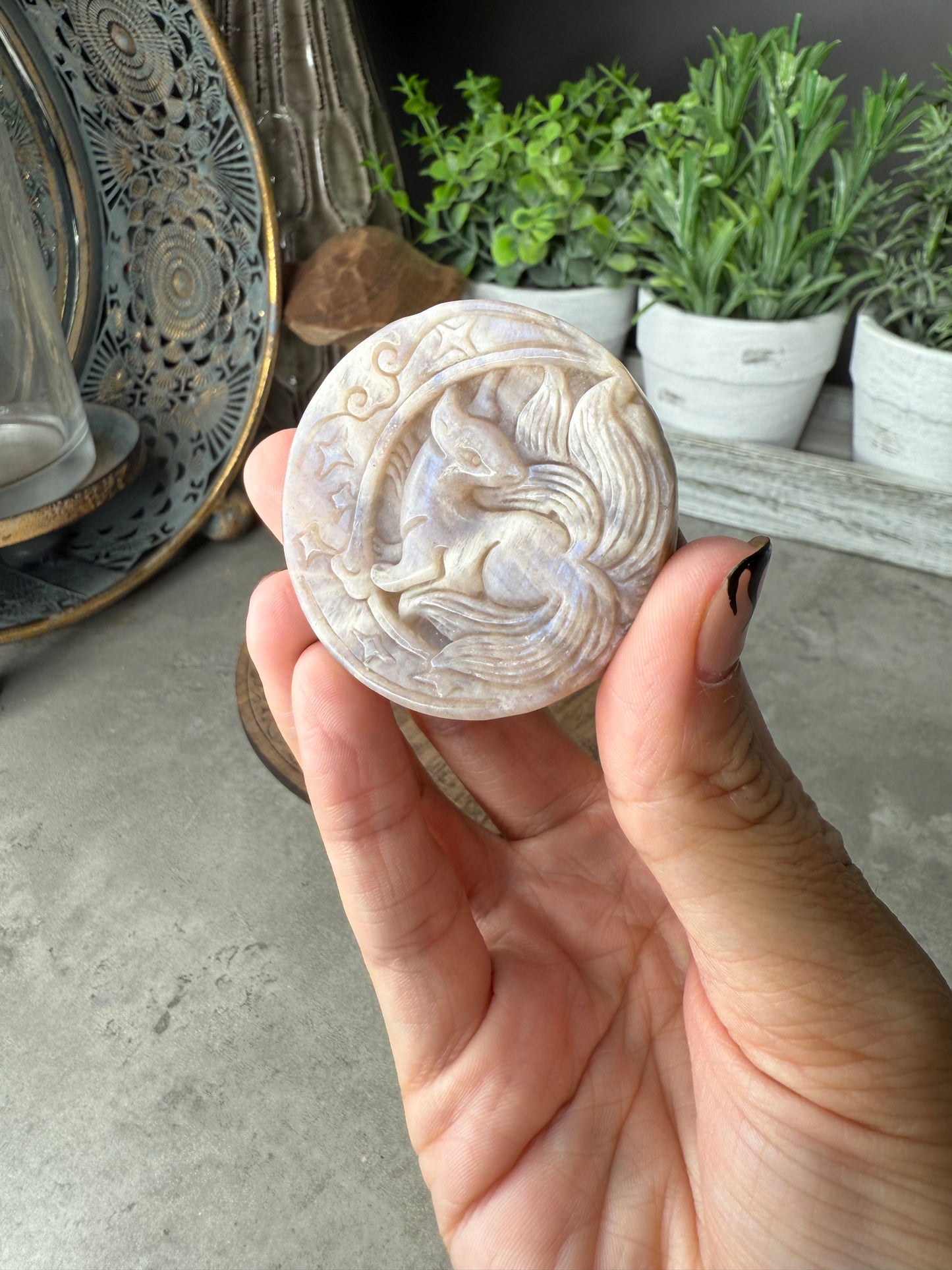 Hand carved Moonstone Nine Tailed Fox and Moon Crystal Carving with Stand - 27g