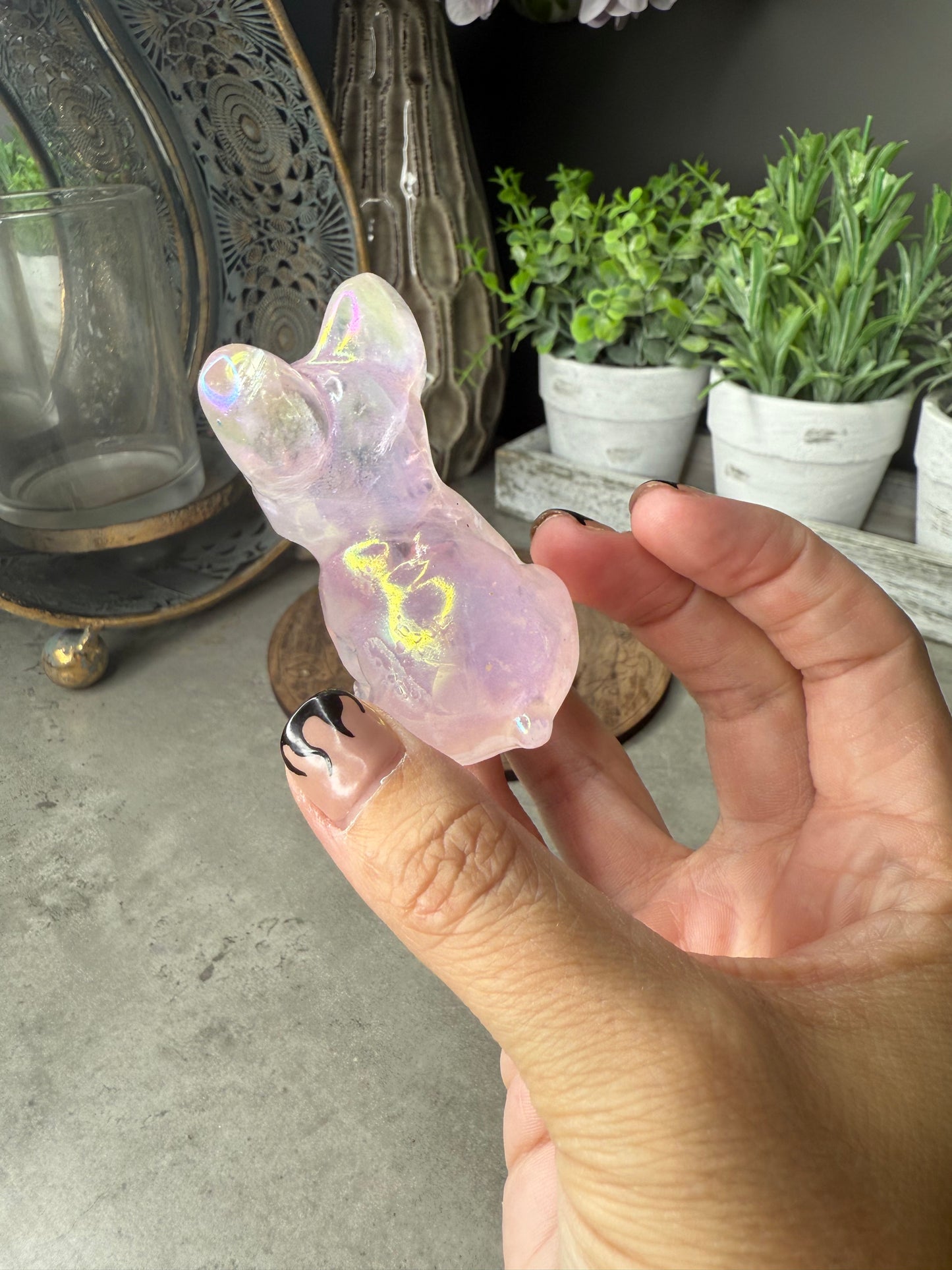 Aura Coated Rose Quartz French Bulldog Crystal Carvings