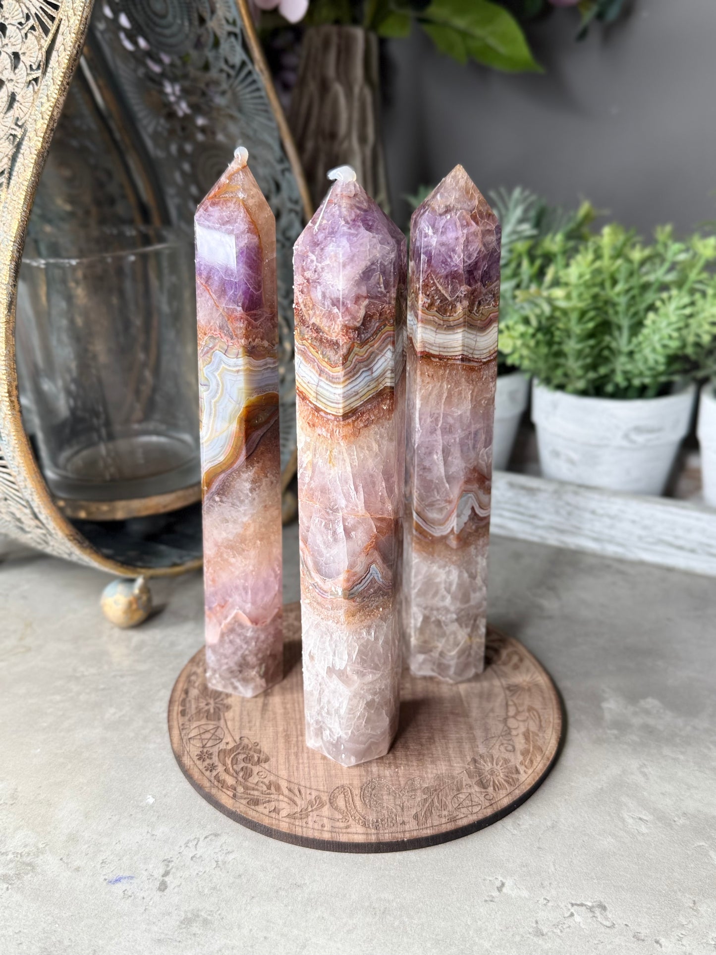Large Amethyst Crazy Lace Agate Towers (chipped tip)