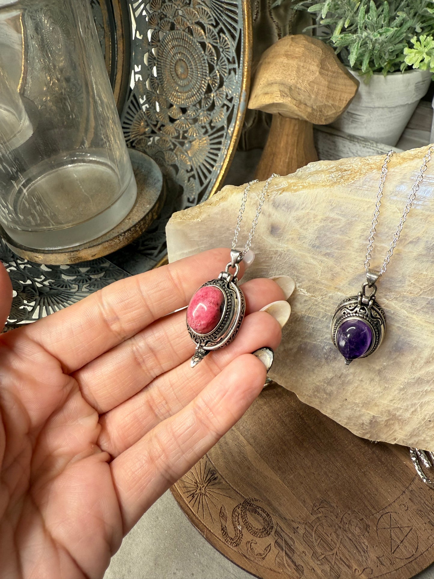 Rhodonite and Amethyst Crystal Locket Pendants