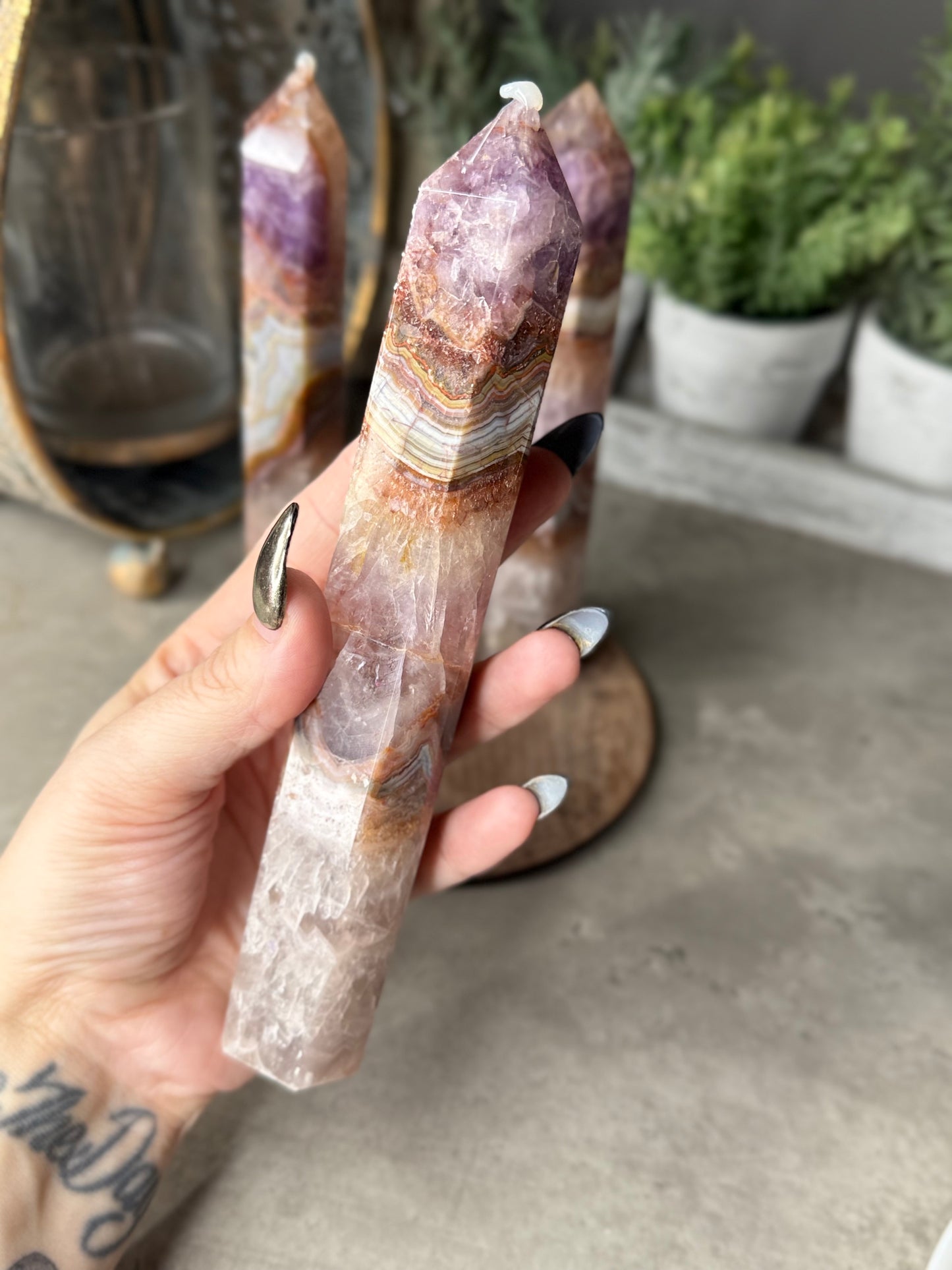 Large Amethyst Crazy Lace Agate Towers (chipped tip)