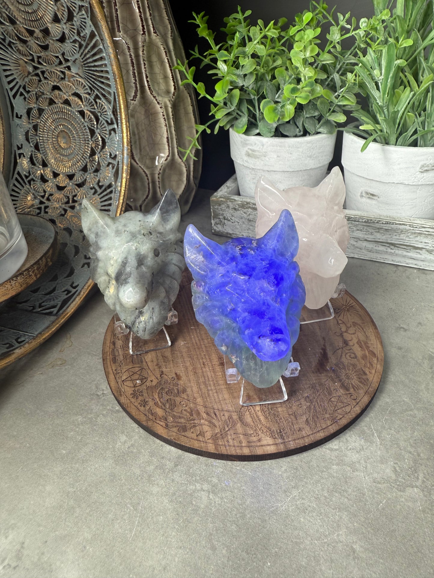 Wolf Head Crystal Carvings with Stand