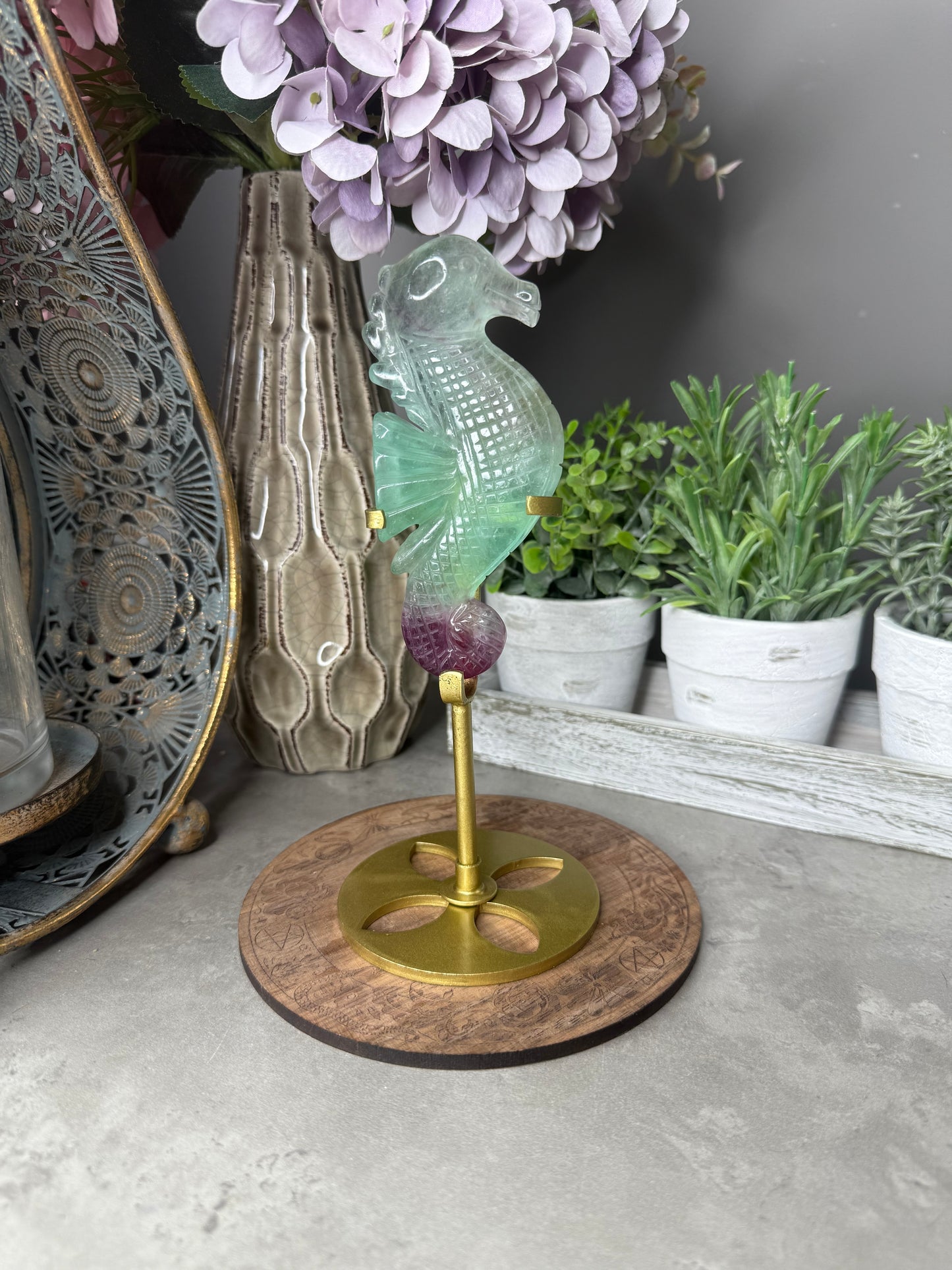 Rainbow Fluorite Seahorse with Gold Stand
