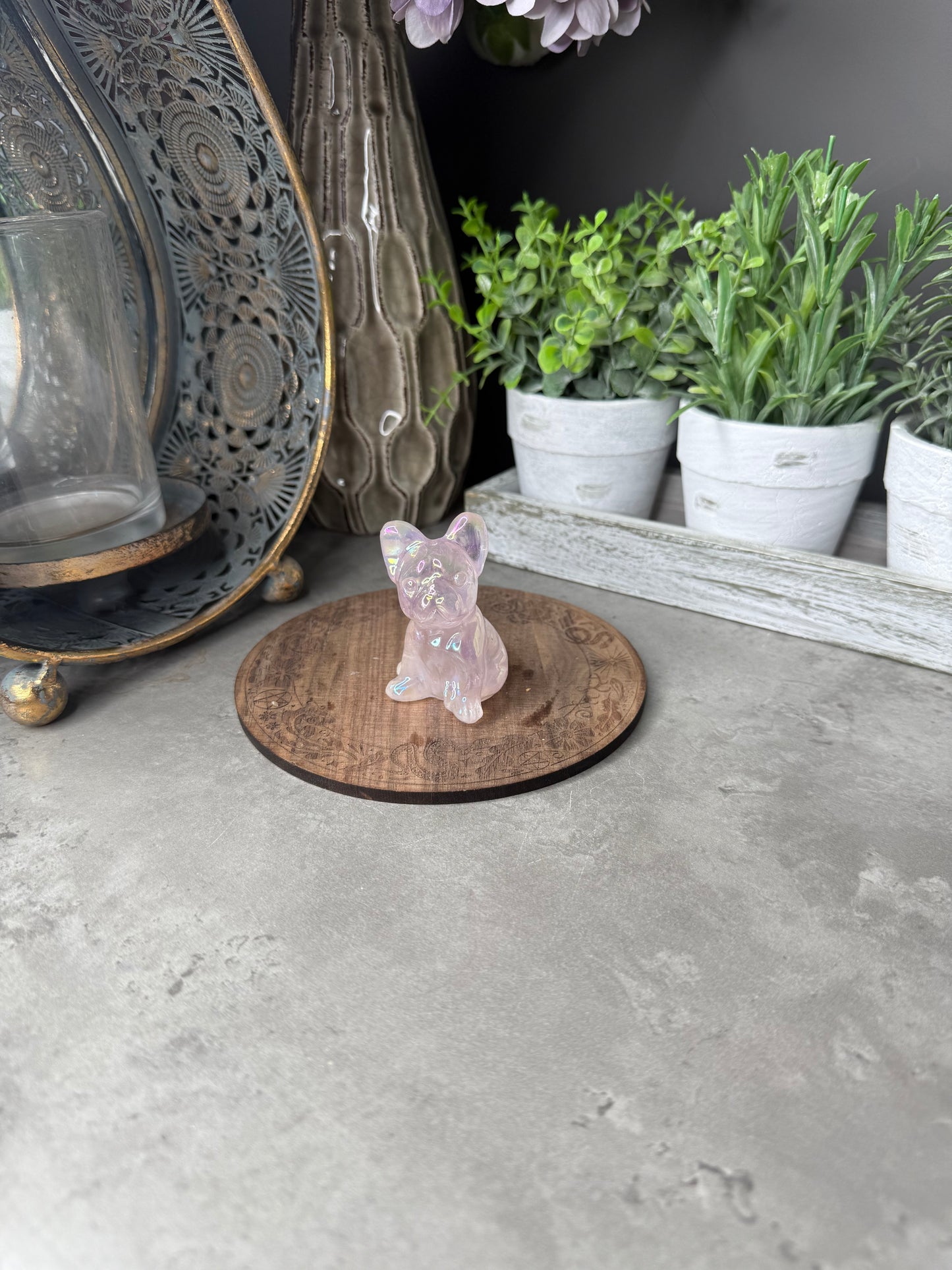 Aura Coated Rose Quartz French Bulldog Crystal Carvings