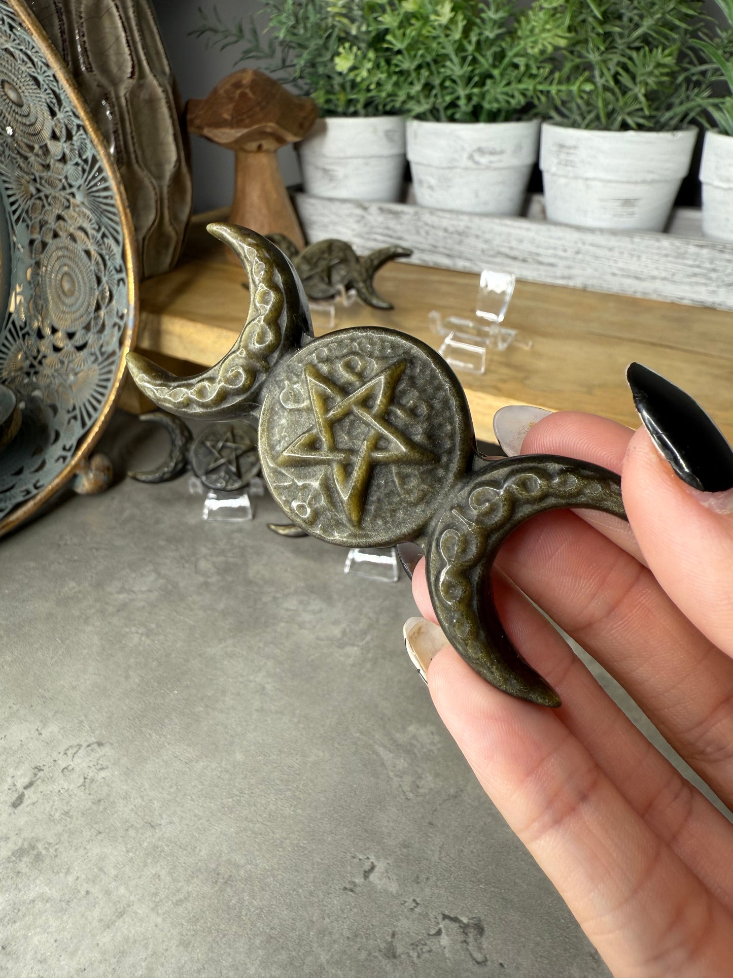 Gold Sheen Obsidian Triple Moon Crystal Carving Hecate witchcraft