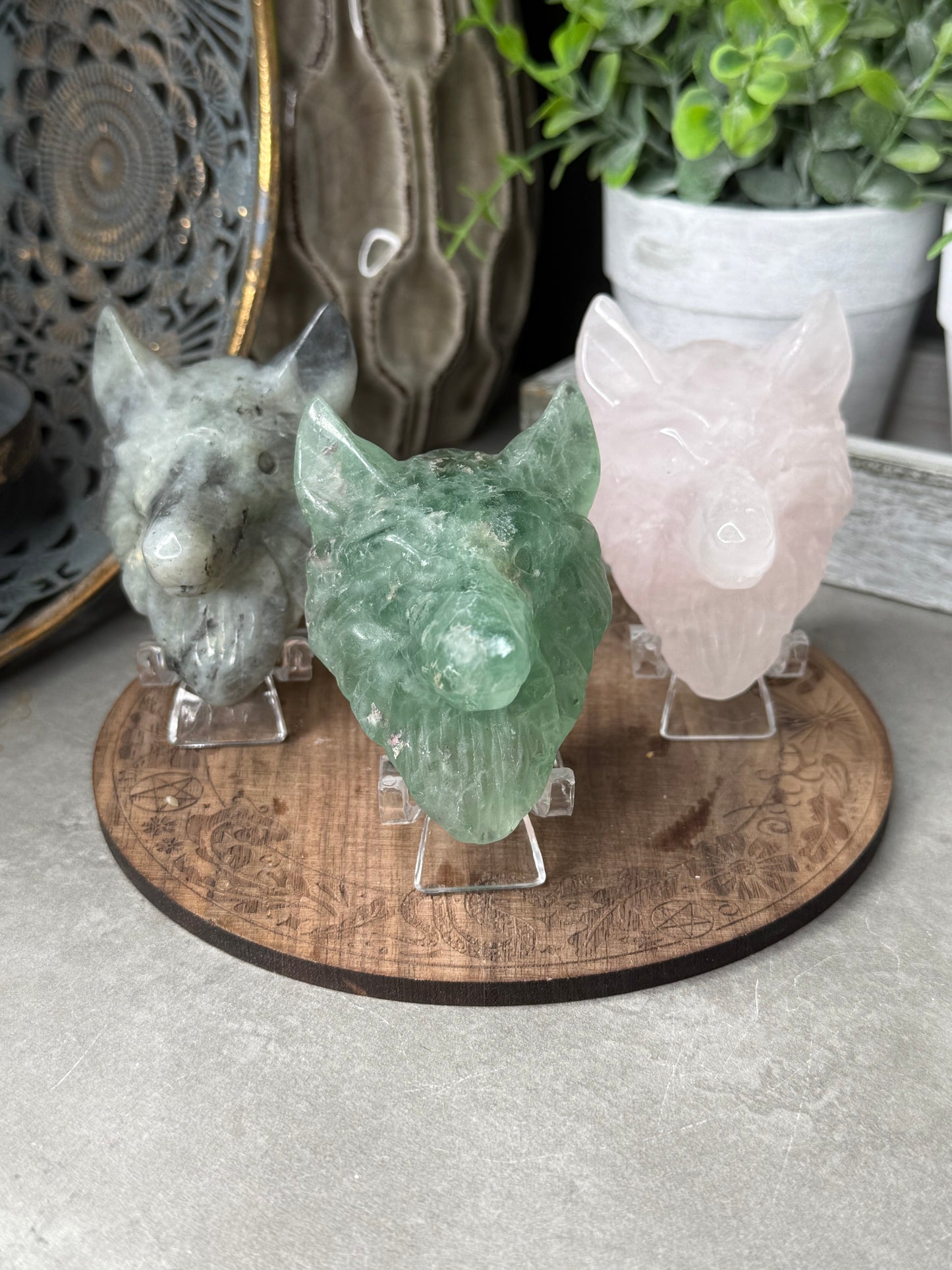 Wolf Head Crystal Carvings with Stand