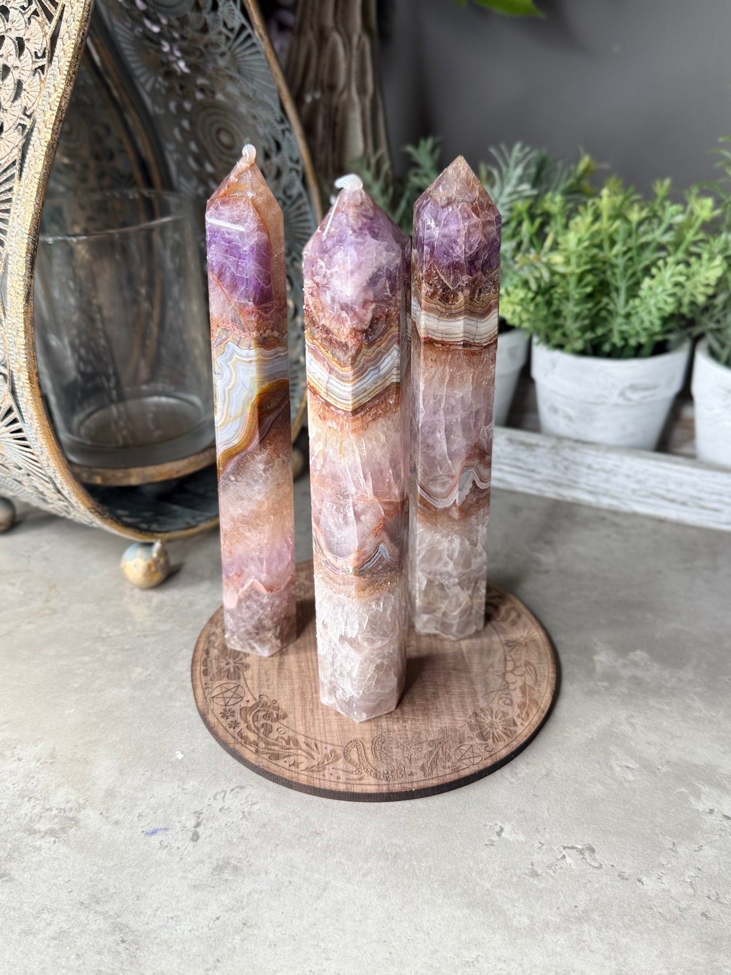 Large Amethyst Crazy Lace Agate Towers (chipped tip)