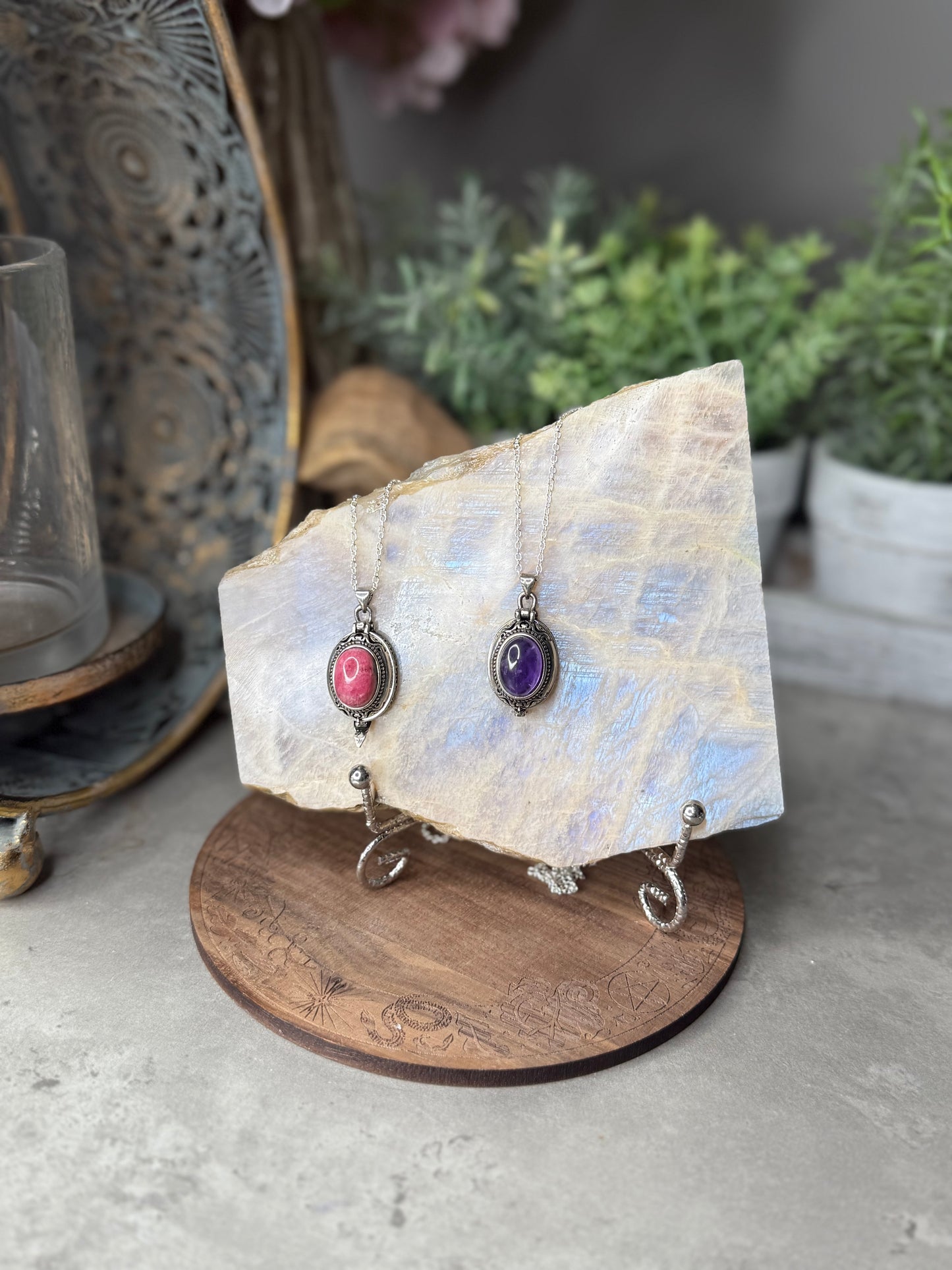 Rhodonite and Amethyst Crystal Locket Pendants