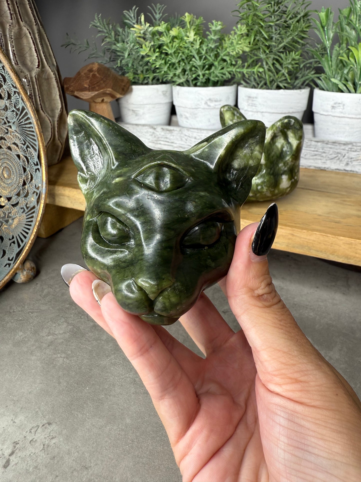 Green Jade Crystal Cat Carvings - Large