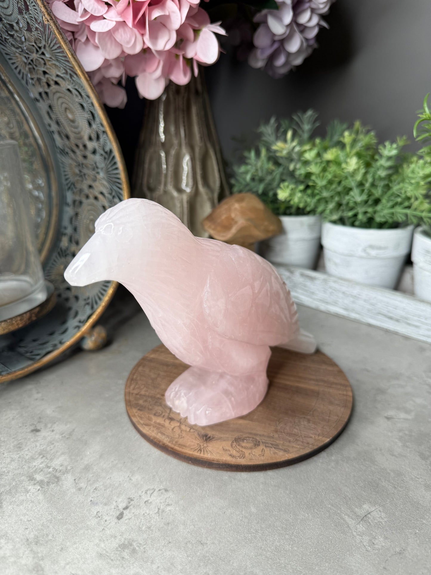 Rose Quartz Crow Crystal Carving