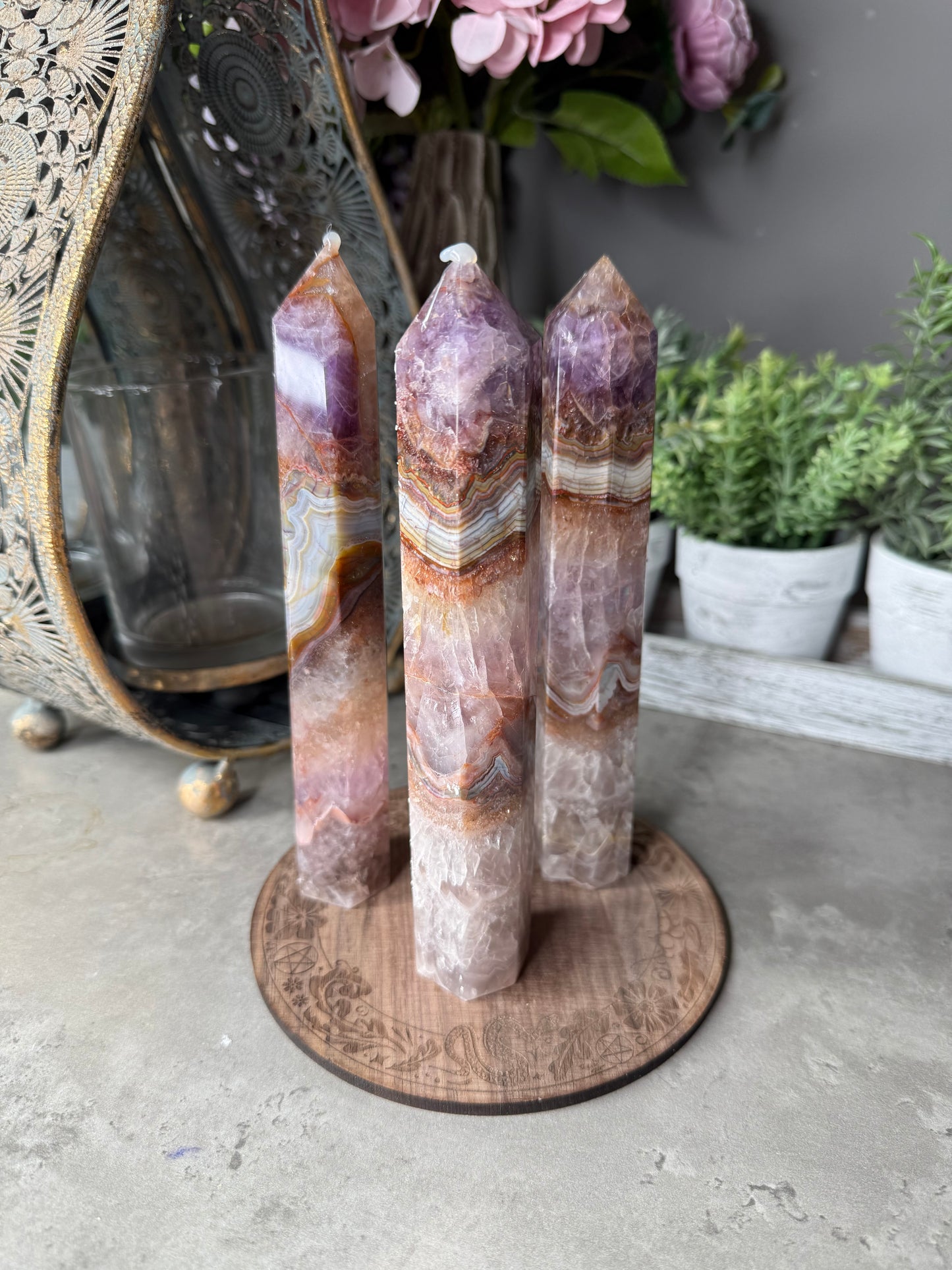 Large Amethyst Crazy Lace Agate Towers (chipped tip)
