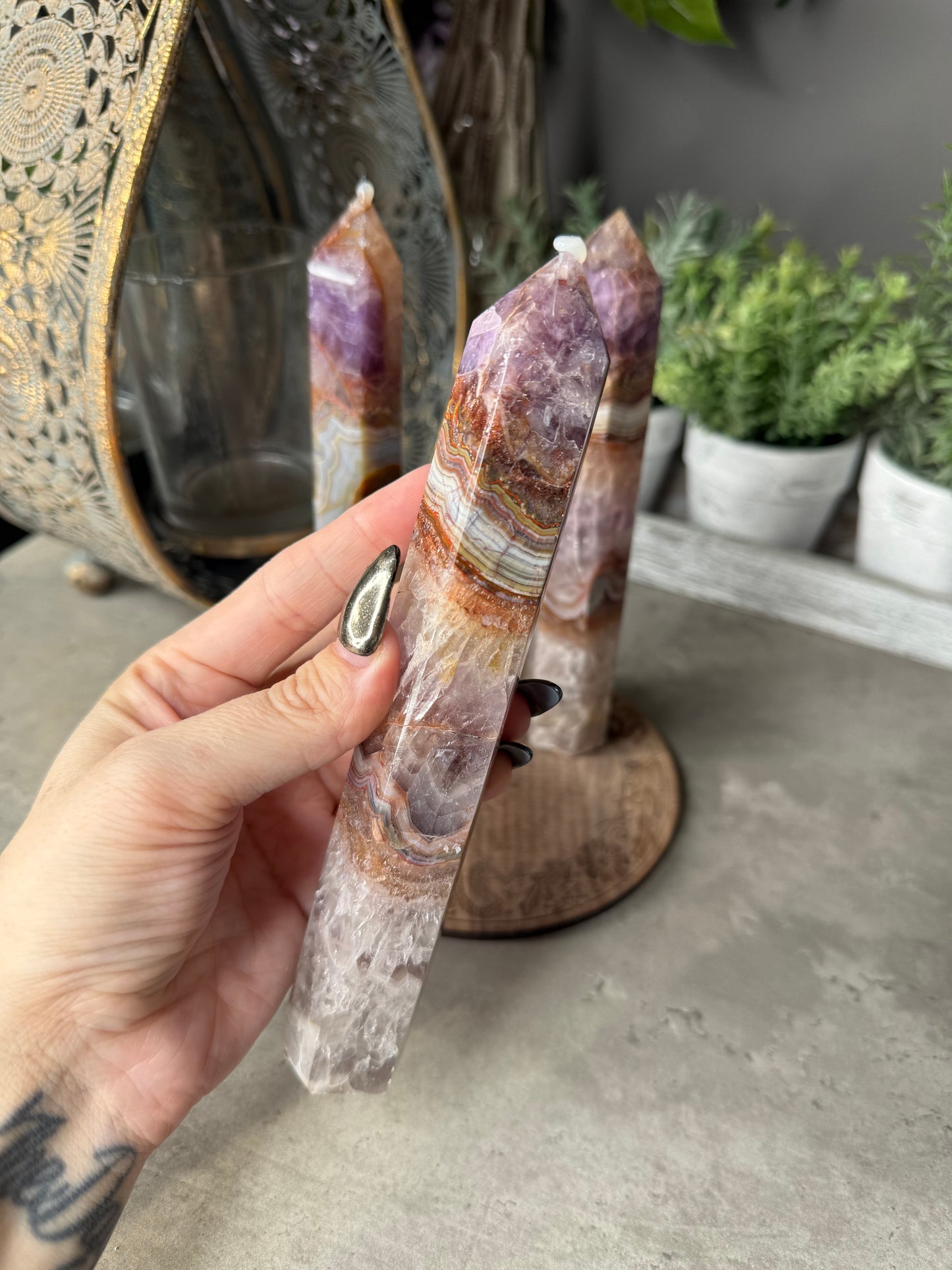 Large Amethyst Crazy Lace Agate Towers (chipped tip)