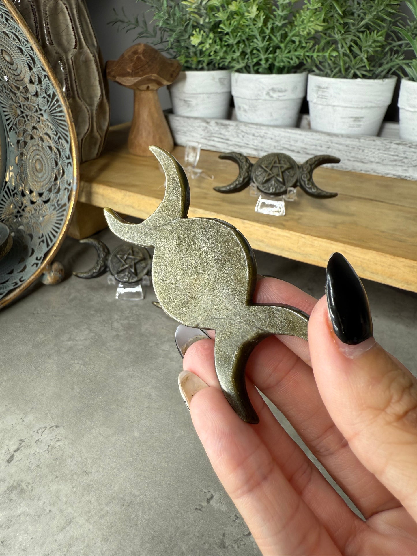 Gold Sheen Obsidian Triple Moon Crystal Carving Hecate witchcraft