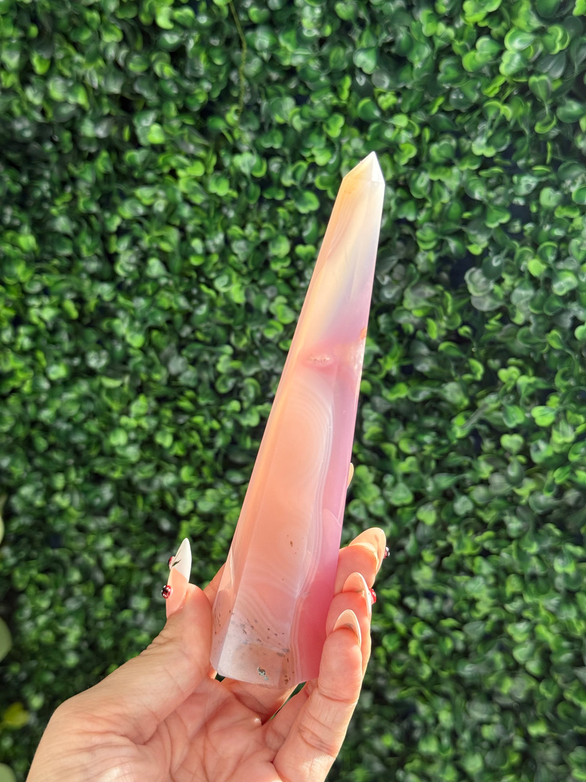 Pink Jelly Agate Obelisk Tower Crystal Carving - C 155g