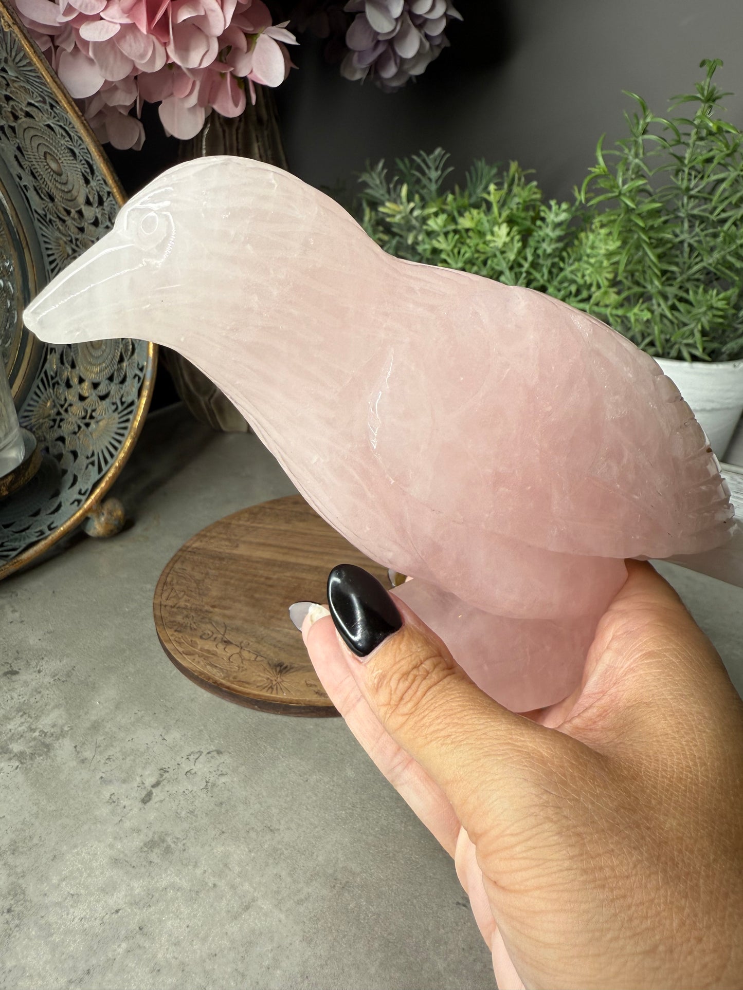 Rose Quartz Crow Crystal Carving
