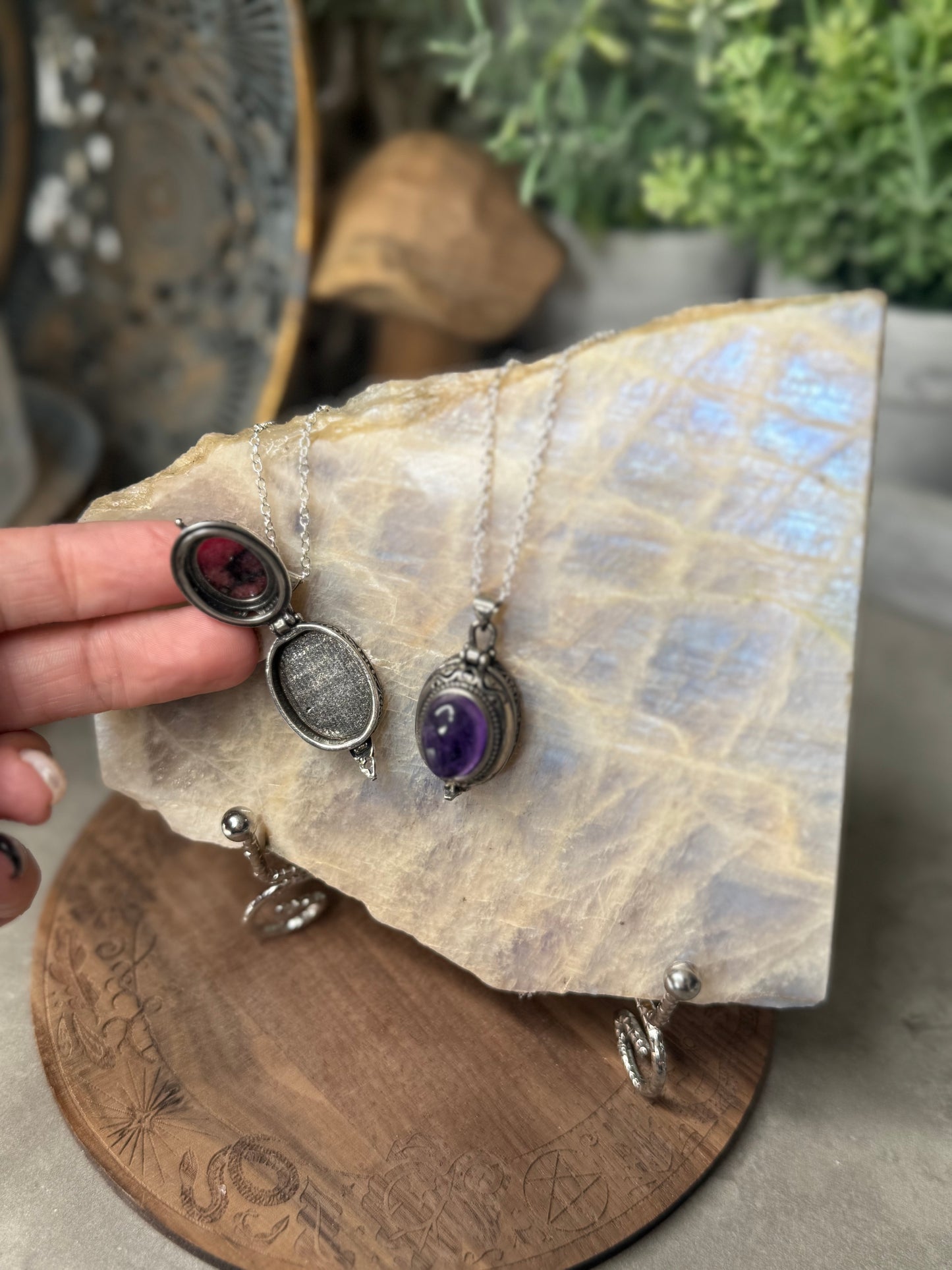Rhodonite and Amethyst Crystal Locket Pendants