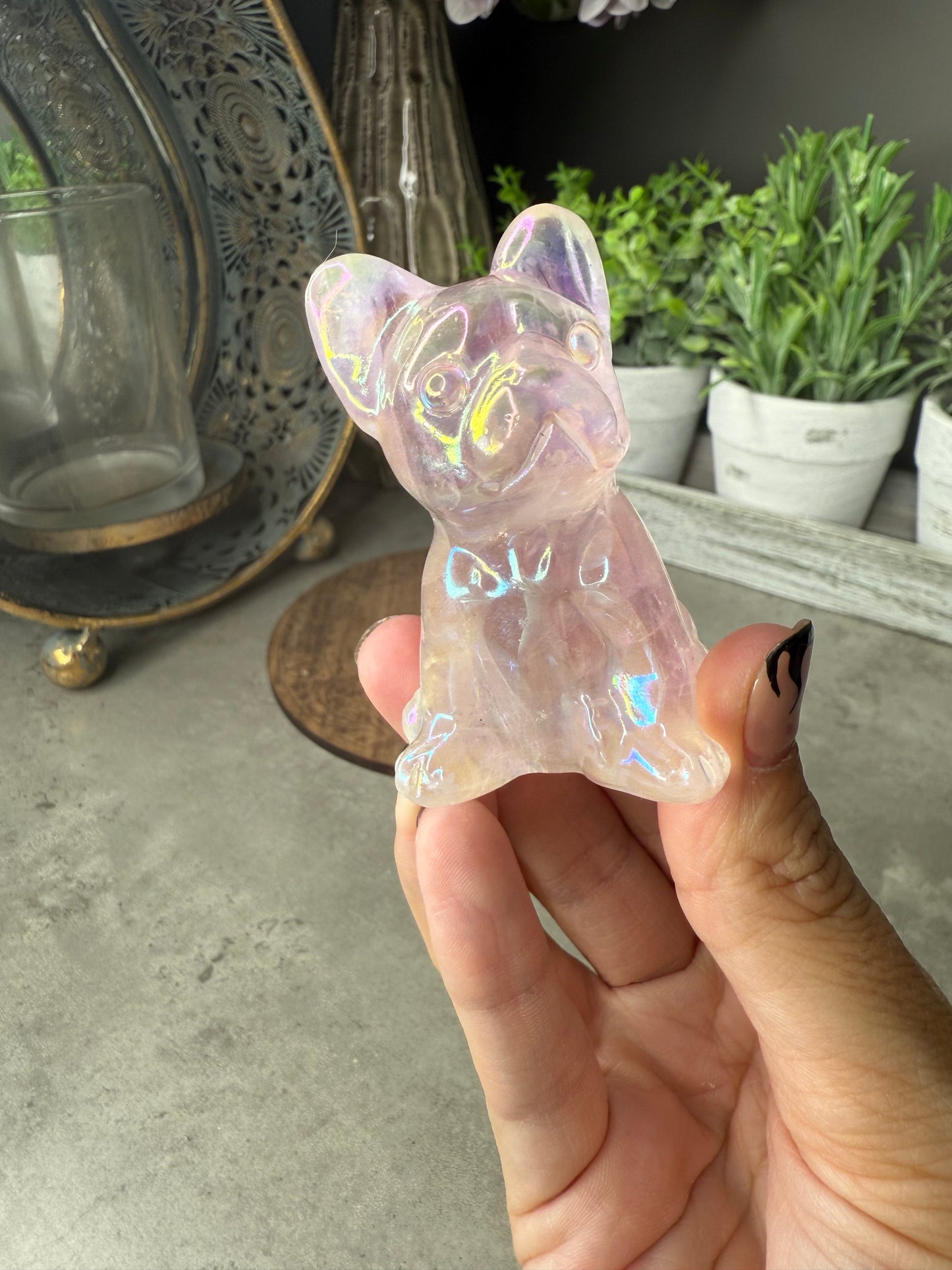 Aura Coated Rose Quartz French Bulldog Crystal Carvings