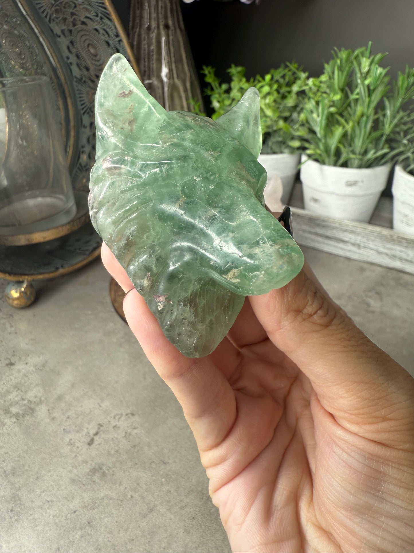 Wolf Head Crystal Carvings with Stand