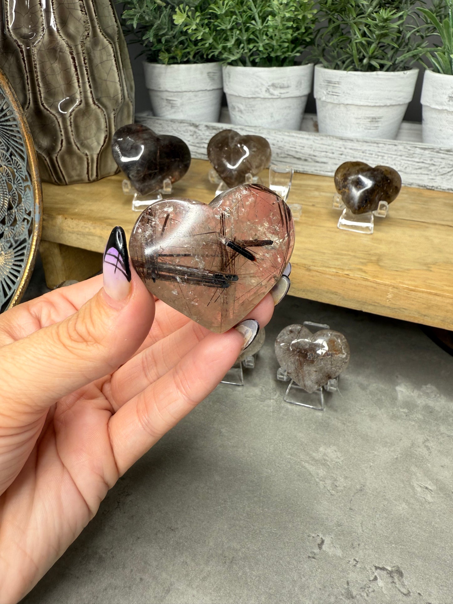 Cooper Rutile in Quartz Crystal Hearts
