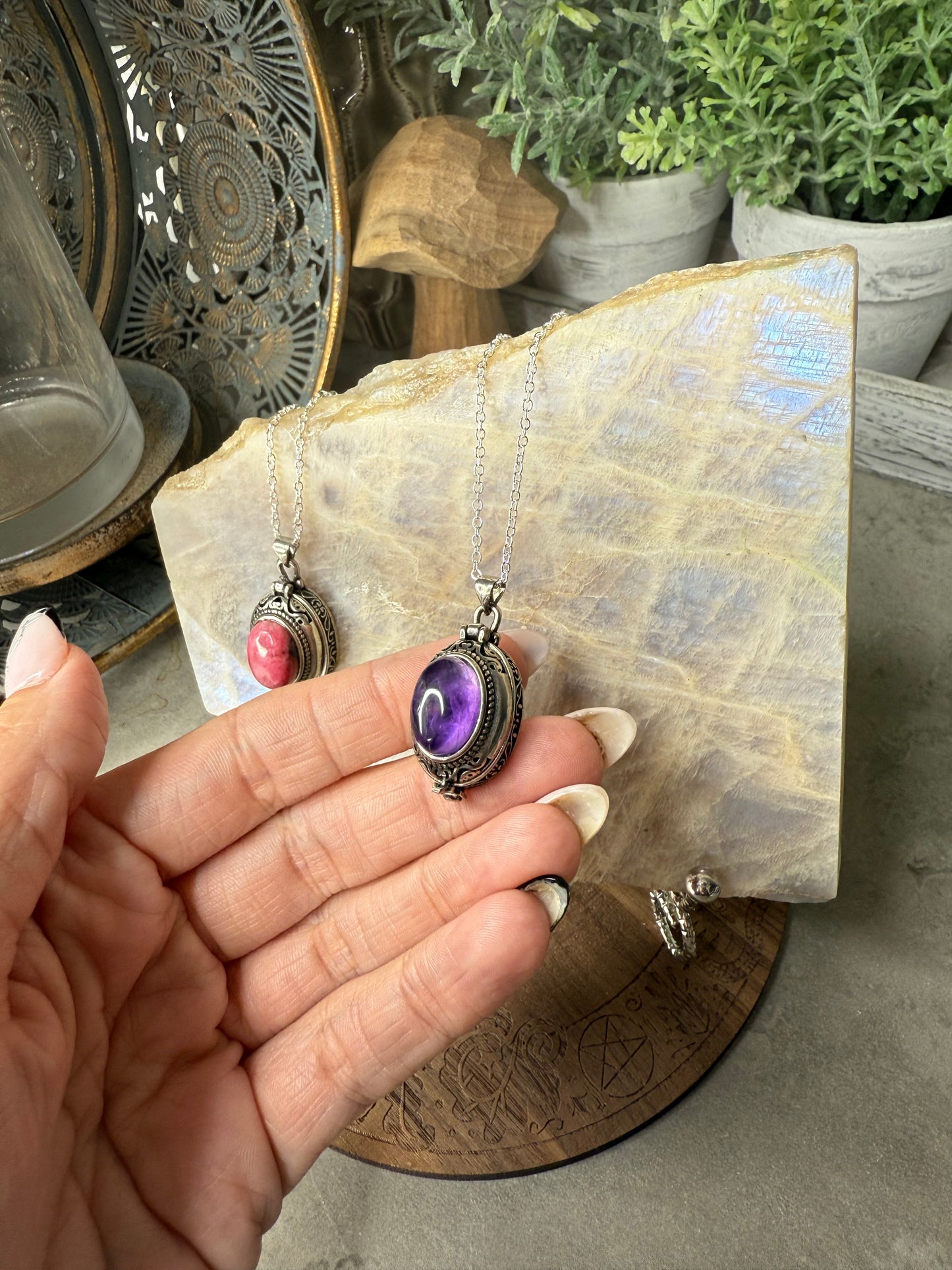 Rhodonite and Amethyst Crystal Locket Pendants