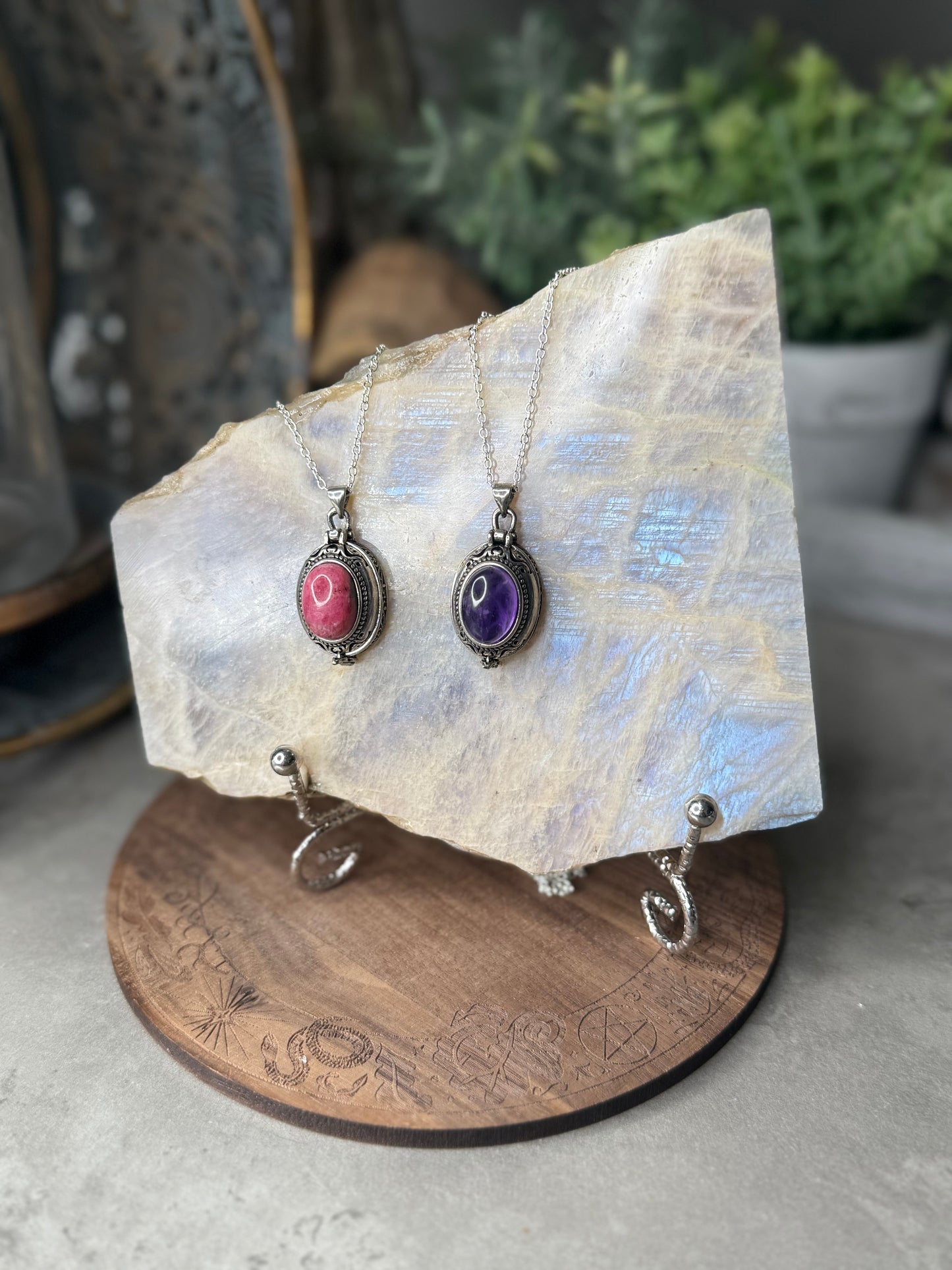 Rhodonite and Amethyst Crystal Locket Pendants
