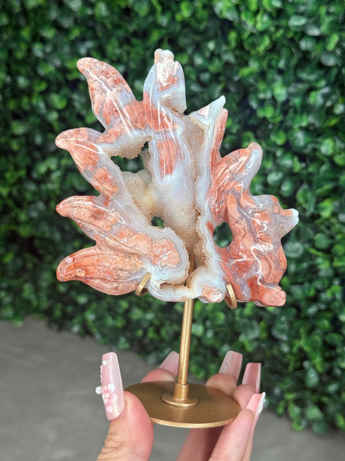 Pink Agate Nine-Tailed Fox Carving with Gold Stand