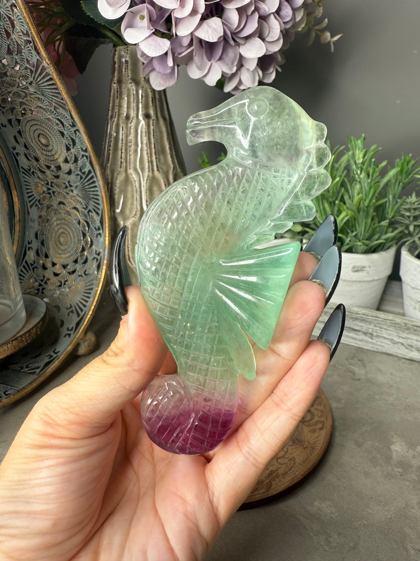 Rainbow Fluorite Seahorse with Gold Stand