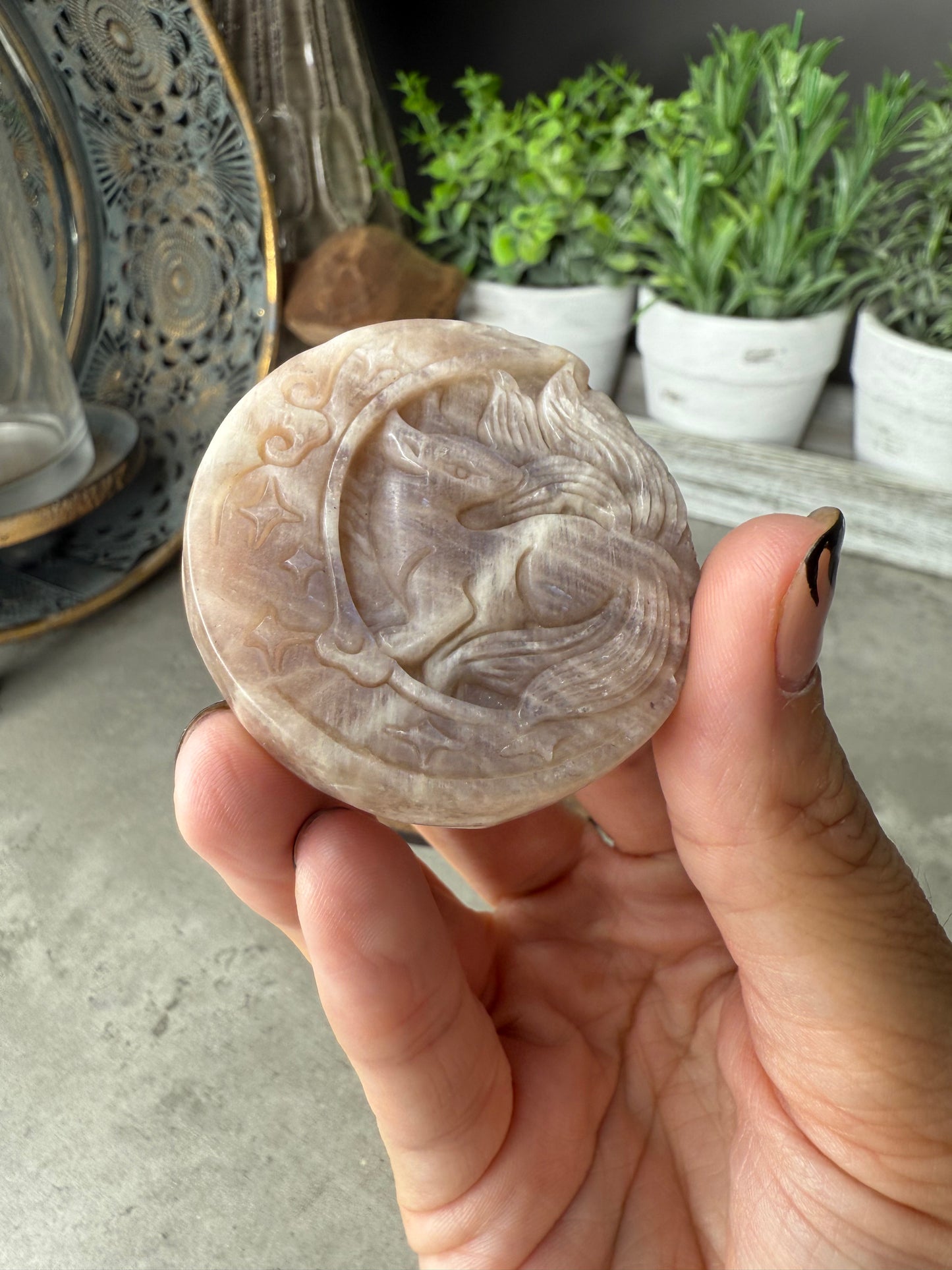 Hand carved Moonstone Nine Tailed Fox and Moon Crystal Carving with Stand - 27g