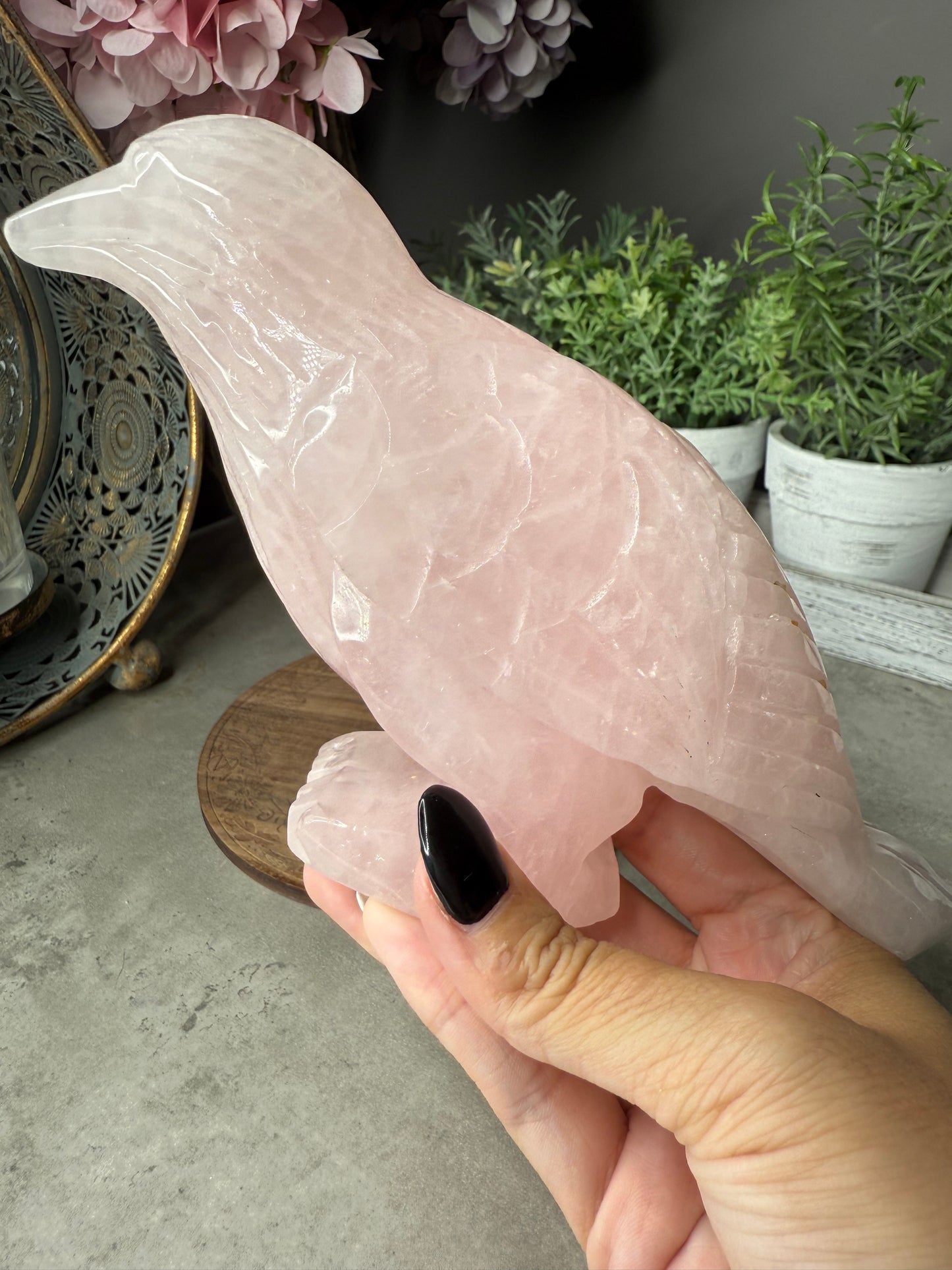 Rose Quartz Crow Crystal Carving