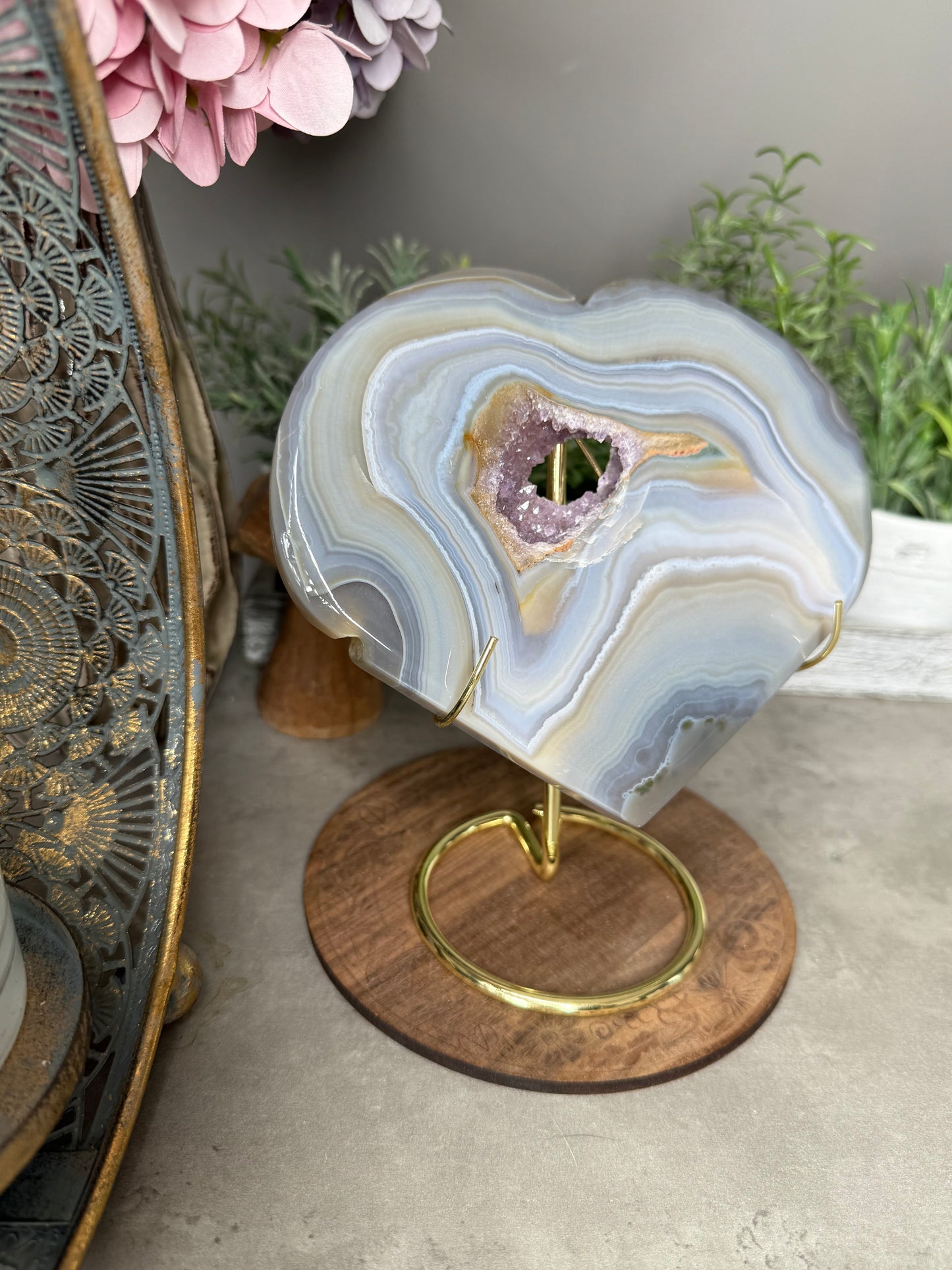 Large Banded Crystal Agate Heart with Druzy Amethyst Pocket