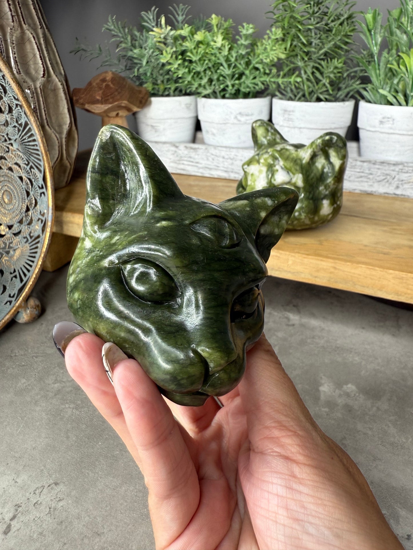 Green Jade Crystal Cat Carvings - Large