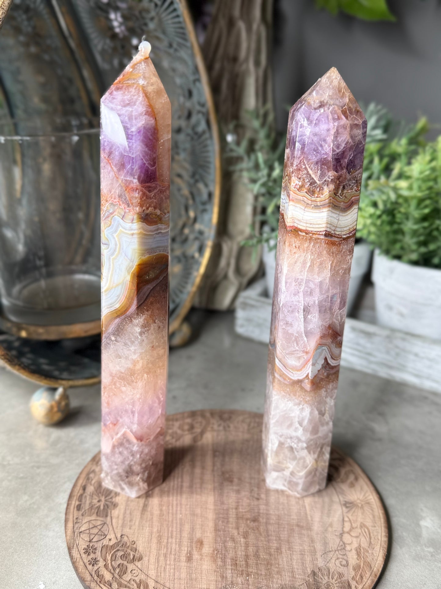 Large Amethyst Crazy Lace Agate Towers (chipped tip)