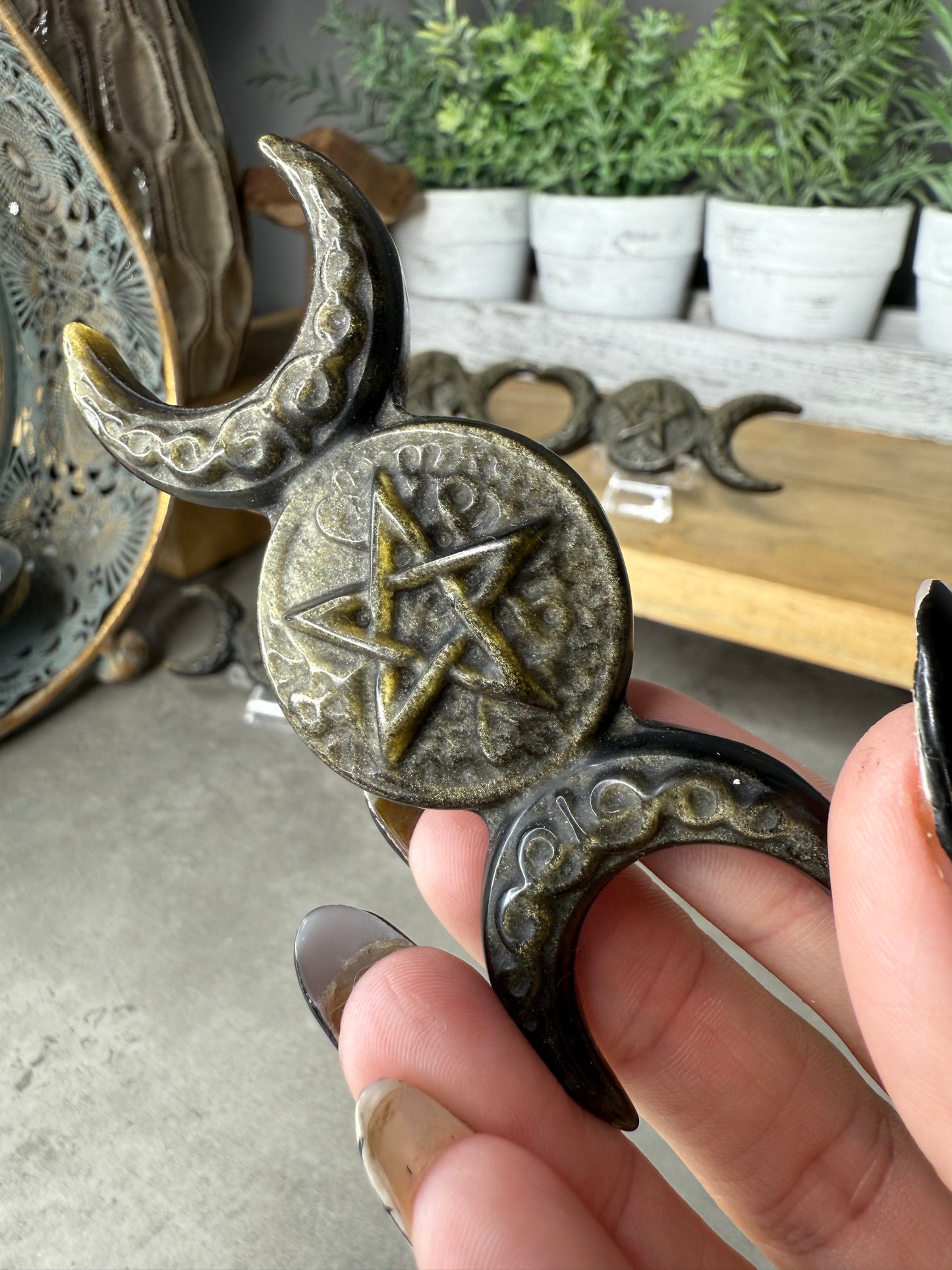 Gold Sheen Obsidian Triple Moon Crystal Carving Hecate witchcraft