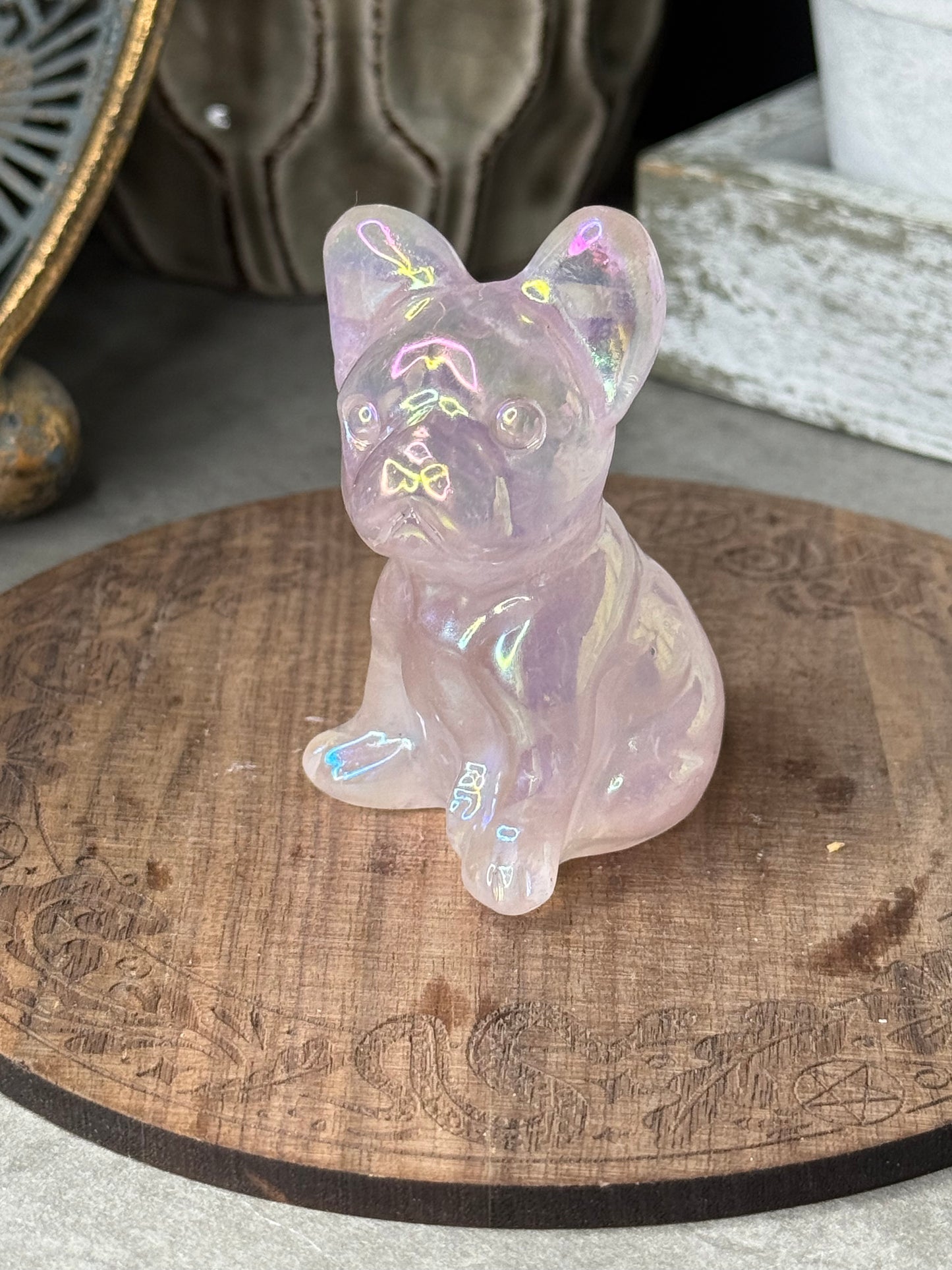 Aura Coated Rose Quartz French Bulldog Crystal Carvings