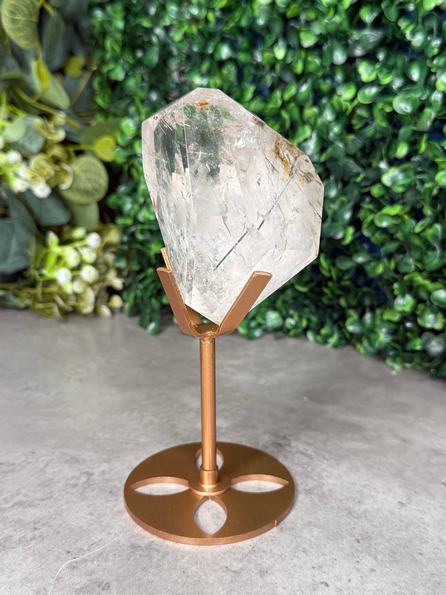 Green Actinolite Rutile in Quartz with Custom Gold Stand - Brazil