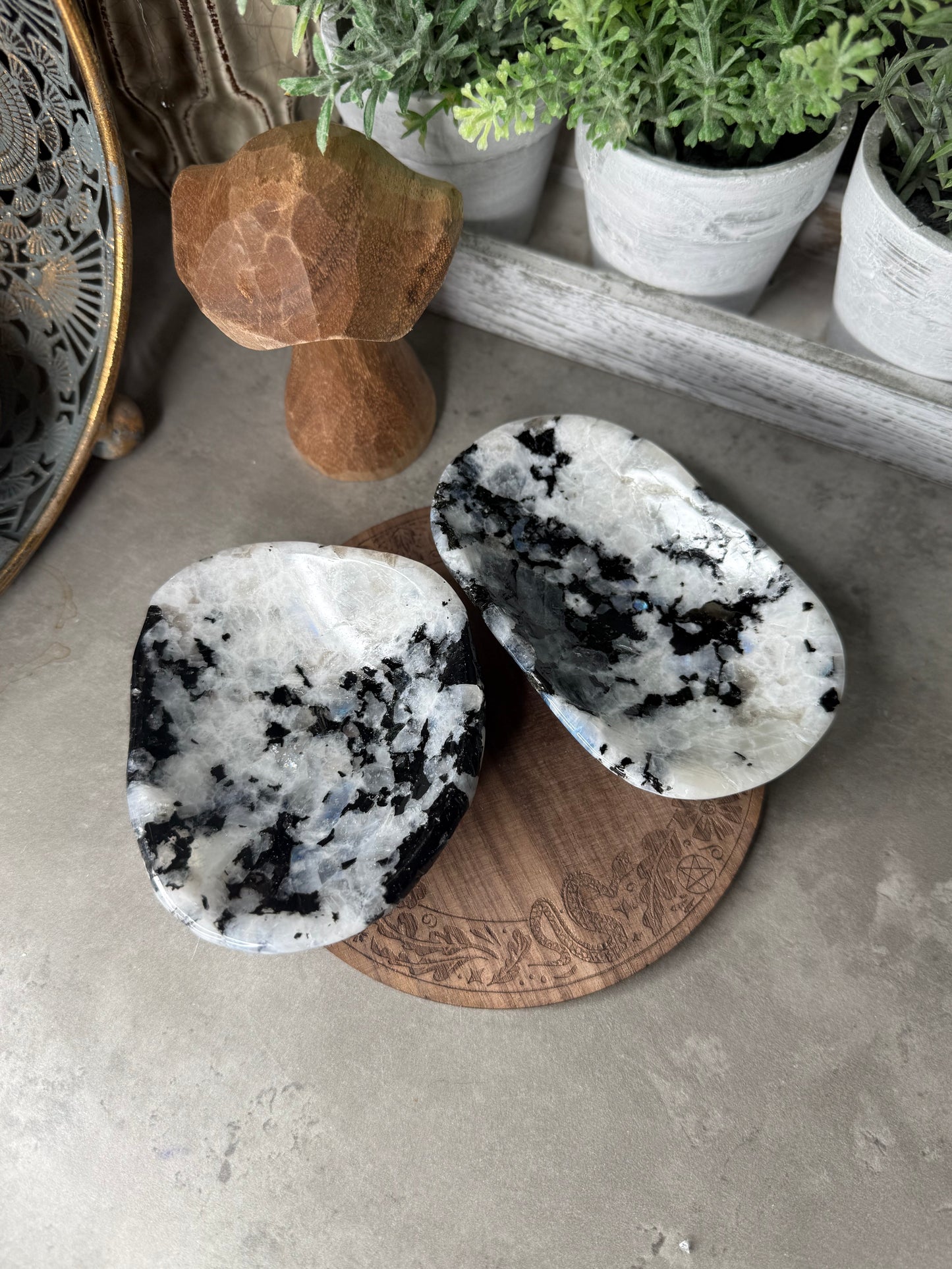Rainbow Moonstone Crystal Bowl with Pyrite Inclusions