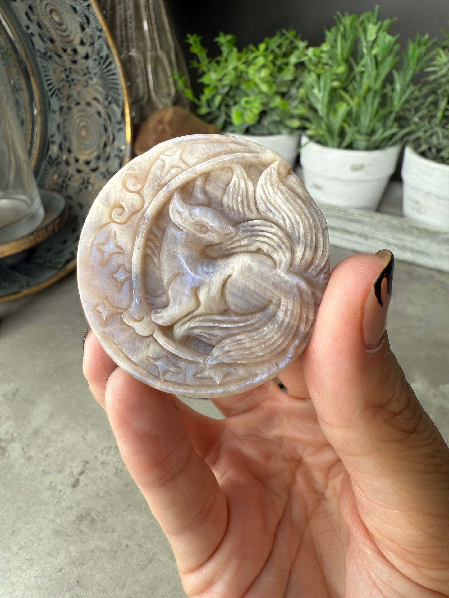 Hand carved Moonstone Nine Tailed Fox and Moon Crystal Carving with Stand - 27g