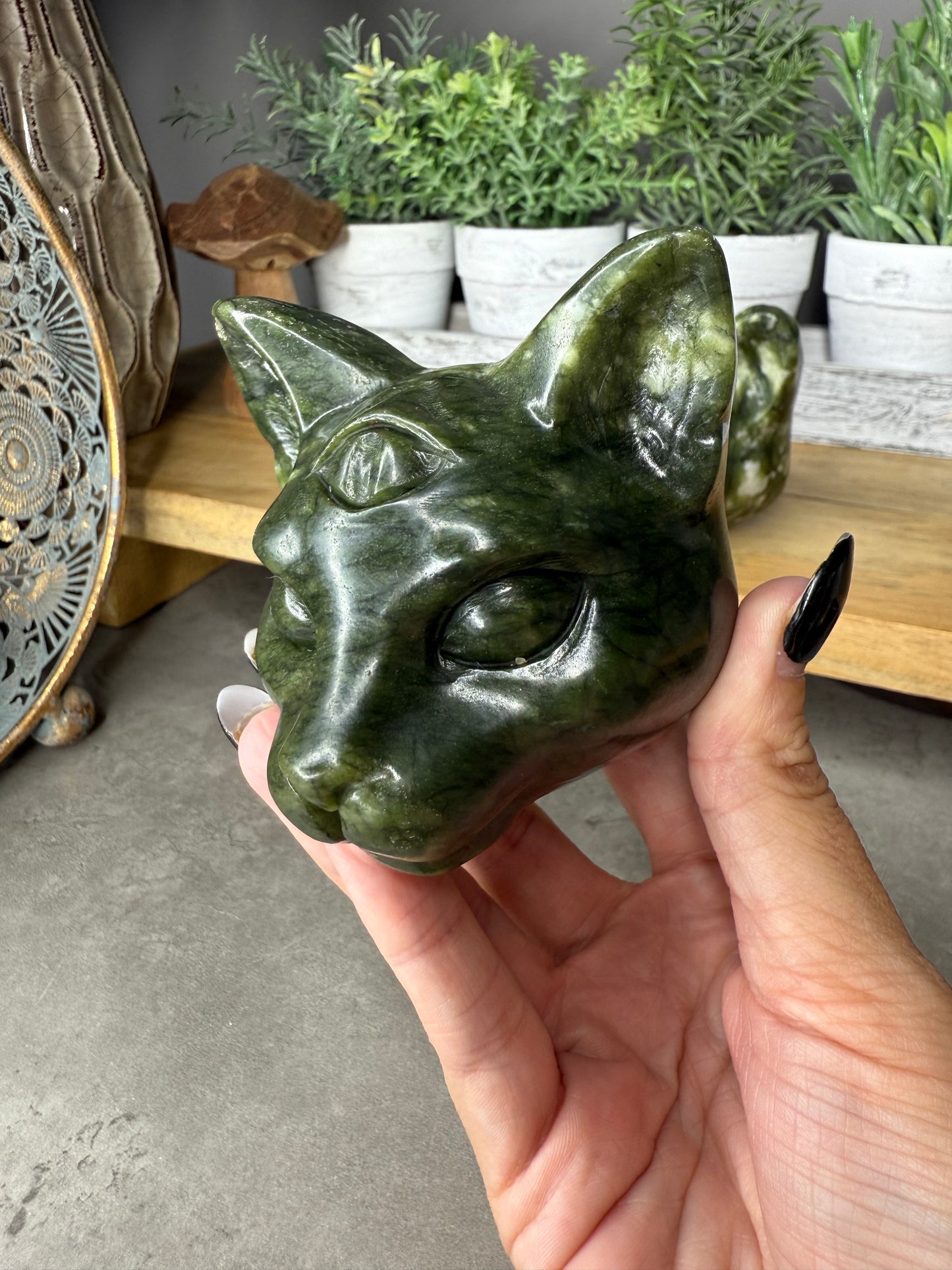 Green Jade Crystal Cat Carvings - Large